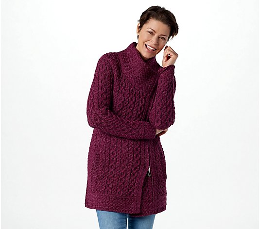 Aran Craft Petite Merino Wool Long Asymmetric Zip Front Sweater