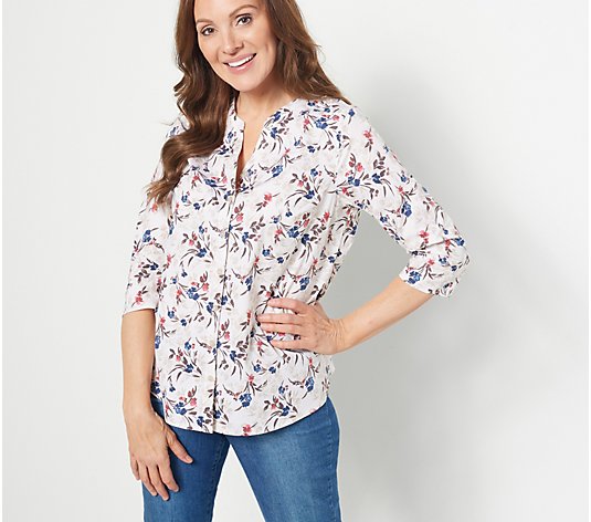 Denim & Co. Stretch Poplin 3/4-Sleeve Floral Shirt