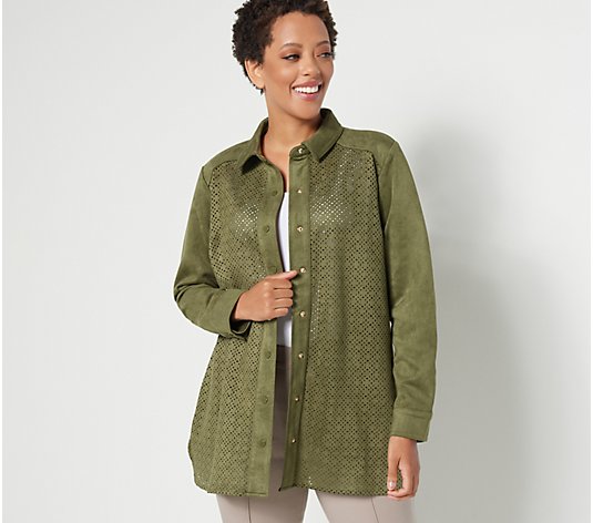 "As Is" Isaac Mizrahi Live! Faux Suede Shacket with Perforated