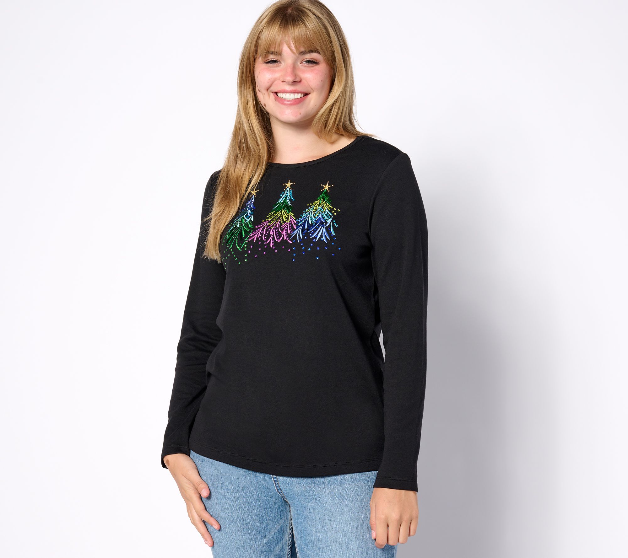 Quacker Factory Merry & Bright Embroidery with Sequin Top