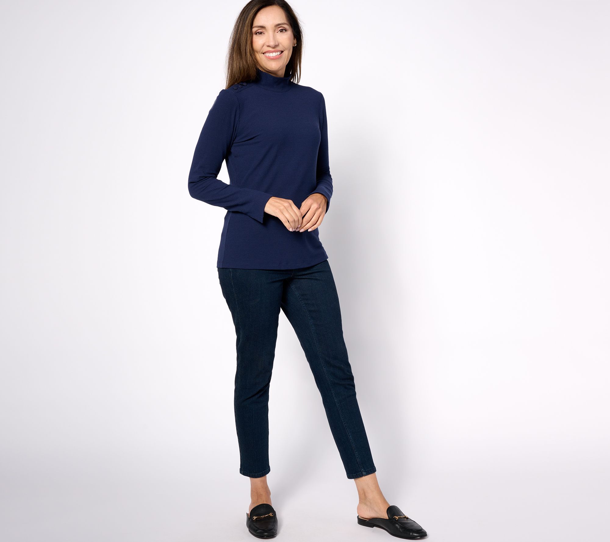 Denim & Co. Signature Novelty Button Mock Neck Rib Knit Top