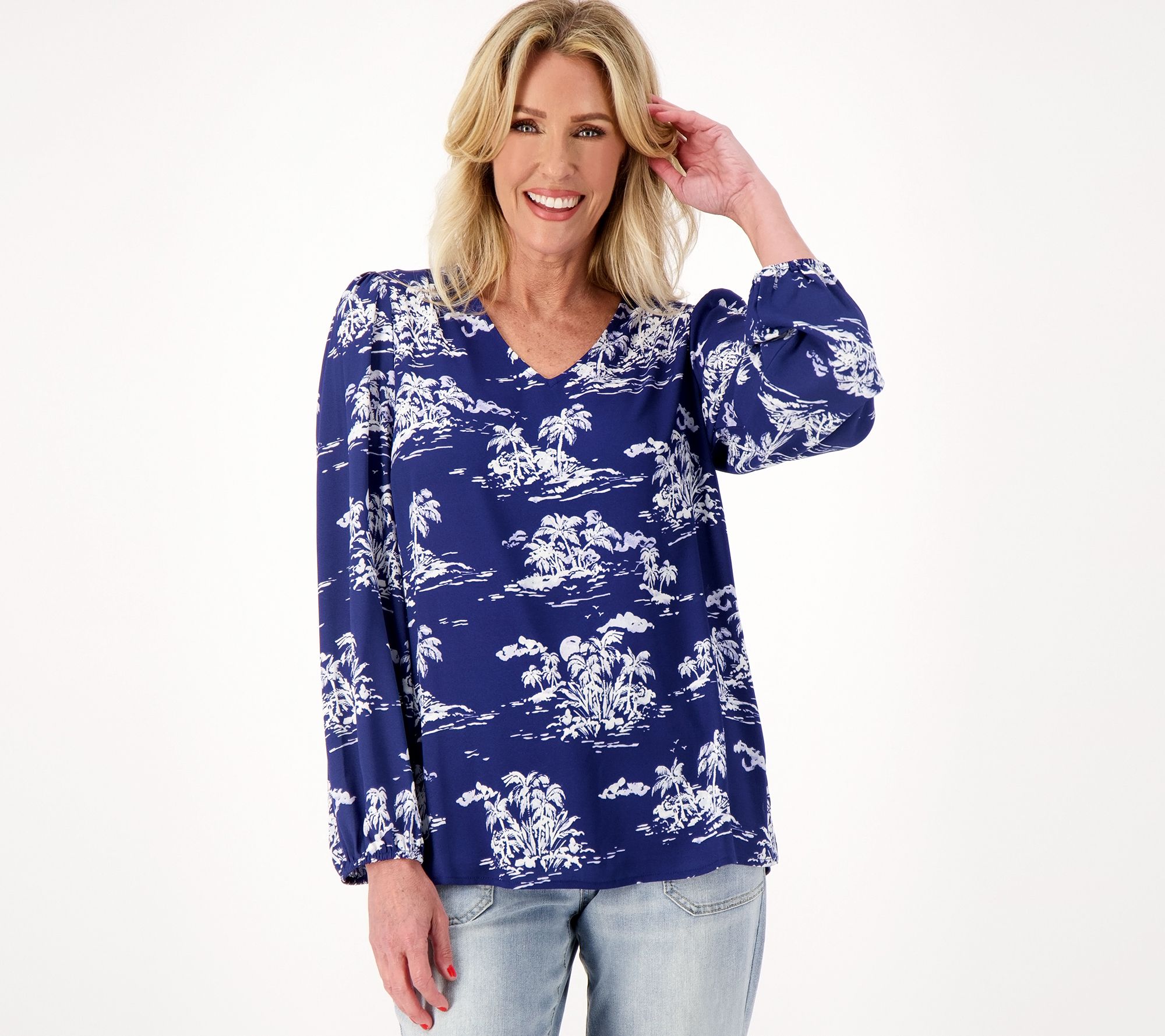 "As Is" Belle by Kim Gravel White Haute Palms V-Neck Blouse