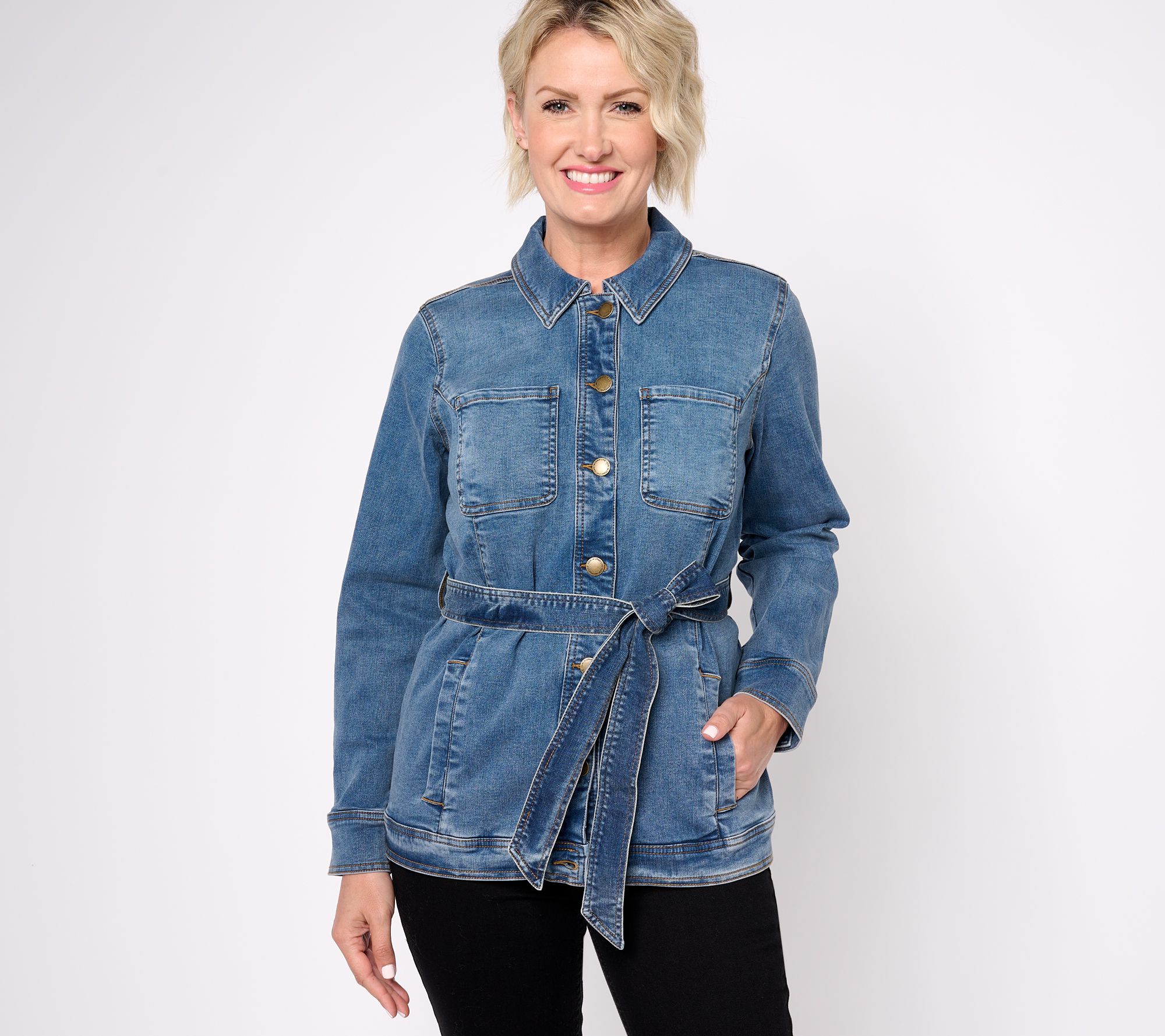 "As Is" Isaac Mizrahi Live! Indigo True Denim Jacket w/ Waist Tie
