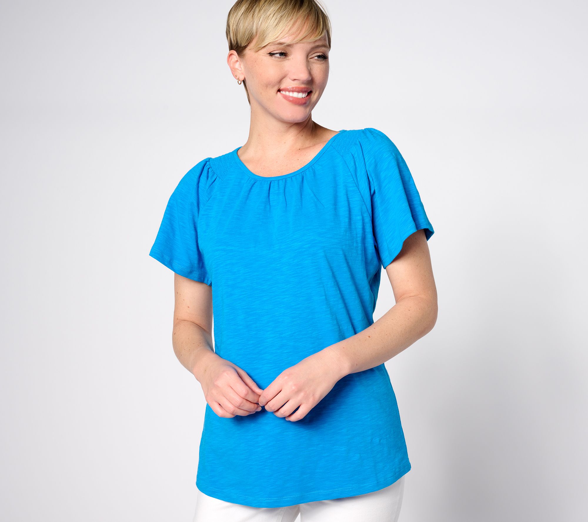Denim & Co. Texture Knit Round Neck Flutter Sleeve Top w/ Smocking