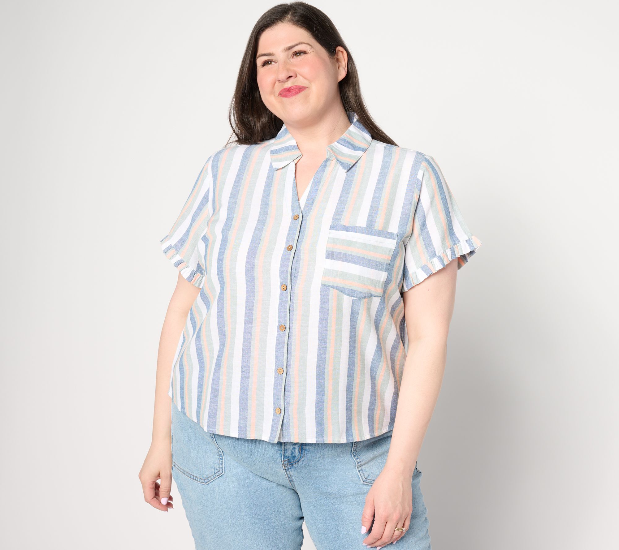 AnyBody Short Sleeve Button Front Linen Blend Camp Shirt