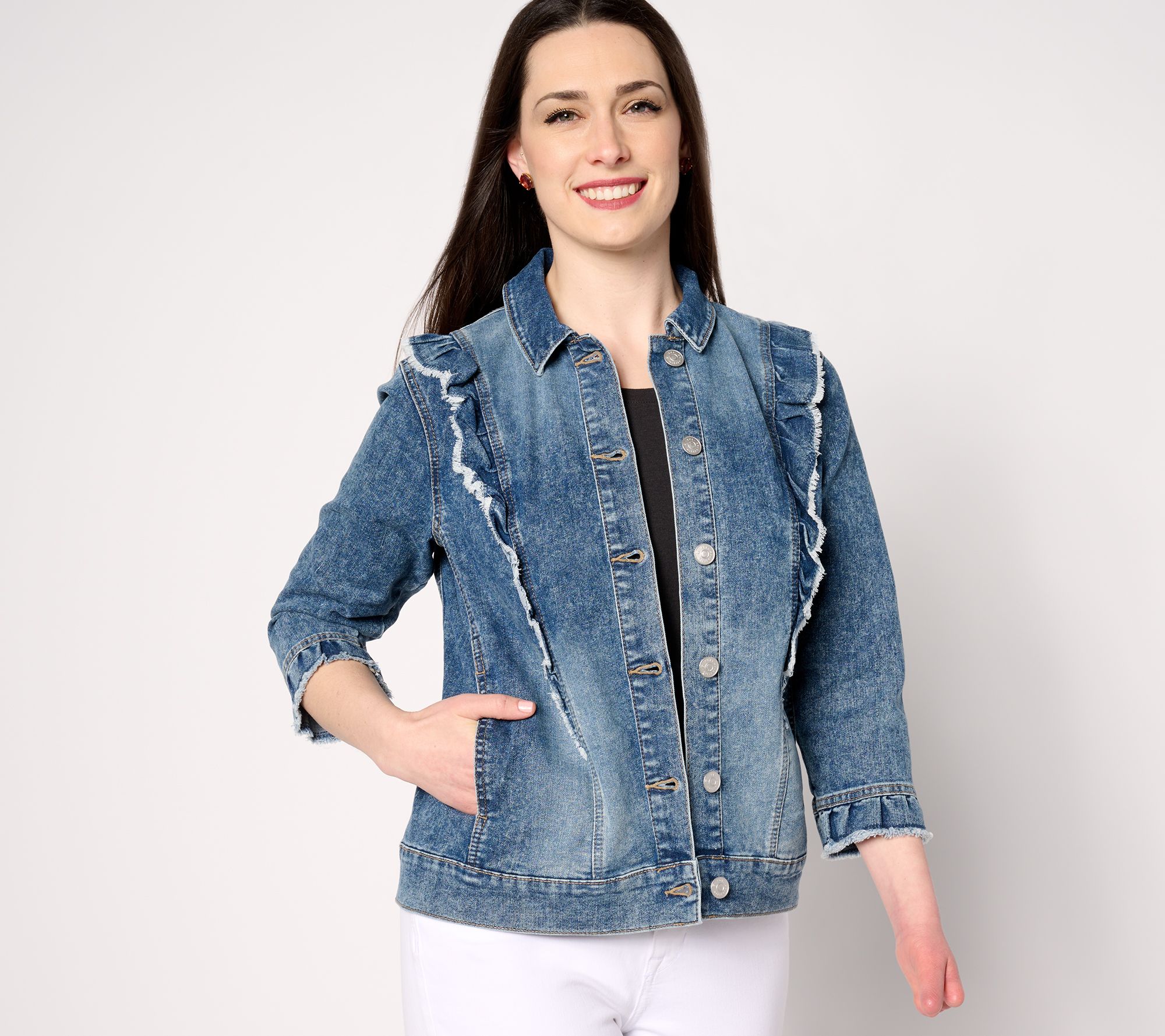 LOGO by Lori Goldstein Denim Jacket with Ruffle Detail