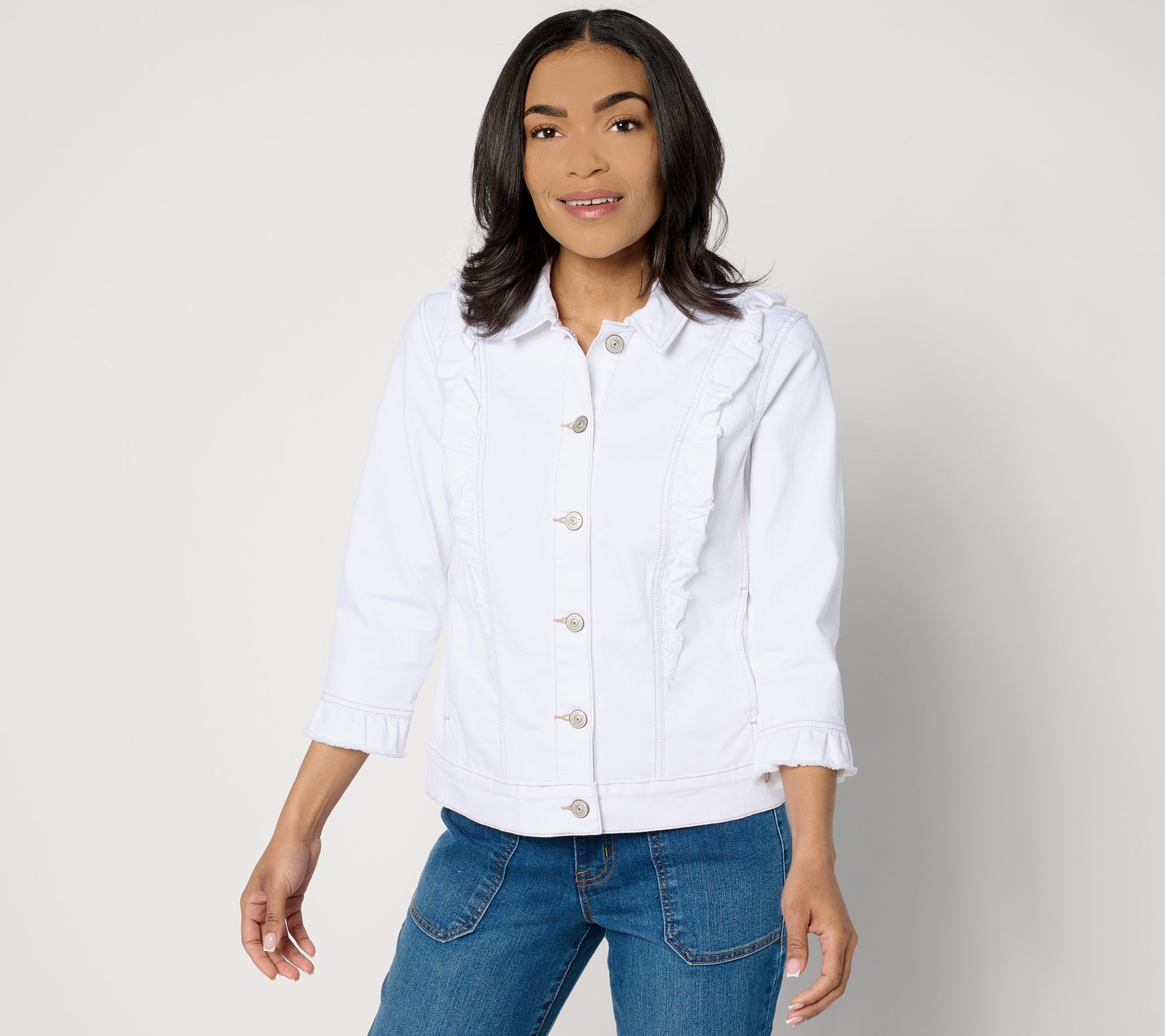 LOGO by Lori Goldstein Denim Jacket with Ruffle Detail