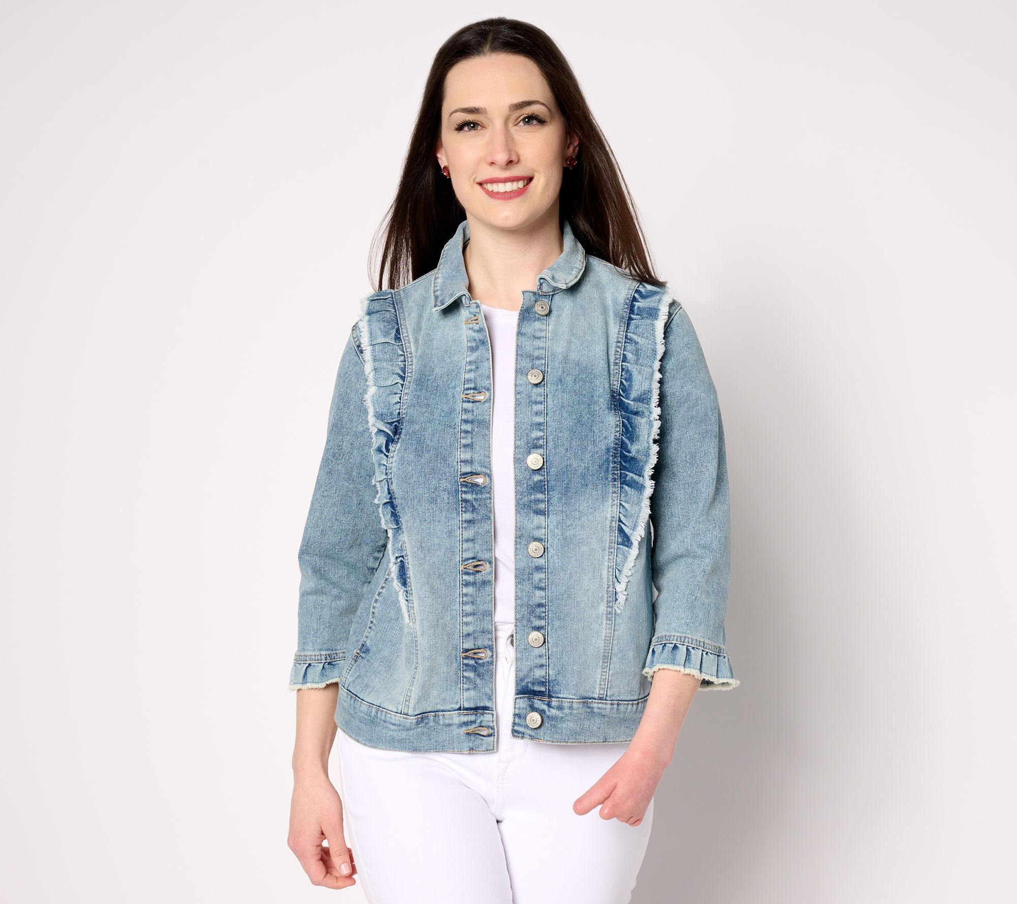LOGO by Lori Goldstein Denim Jacket with Ruffle Detail