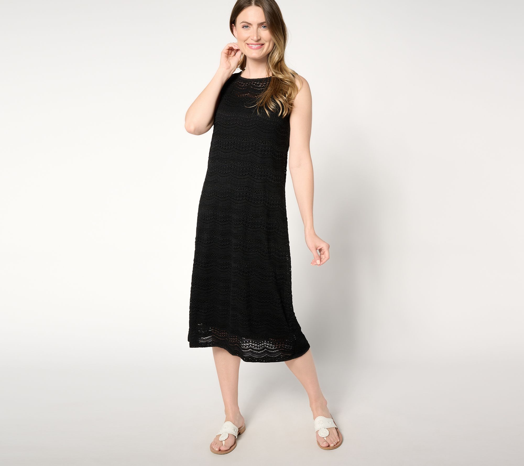 Susan Graver Passport Reg Knit Crochet Lace Midi Dress with Cami Slip
