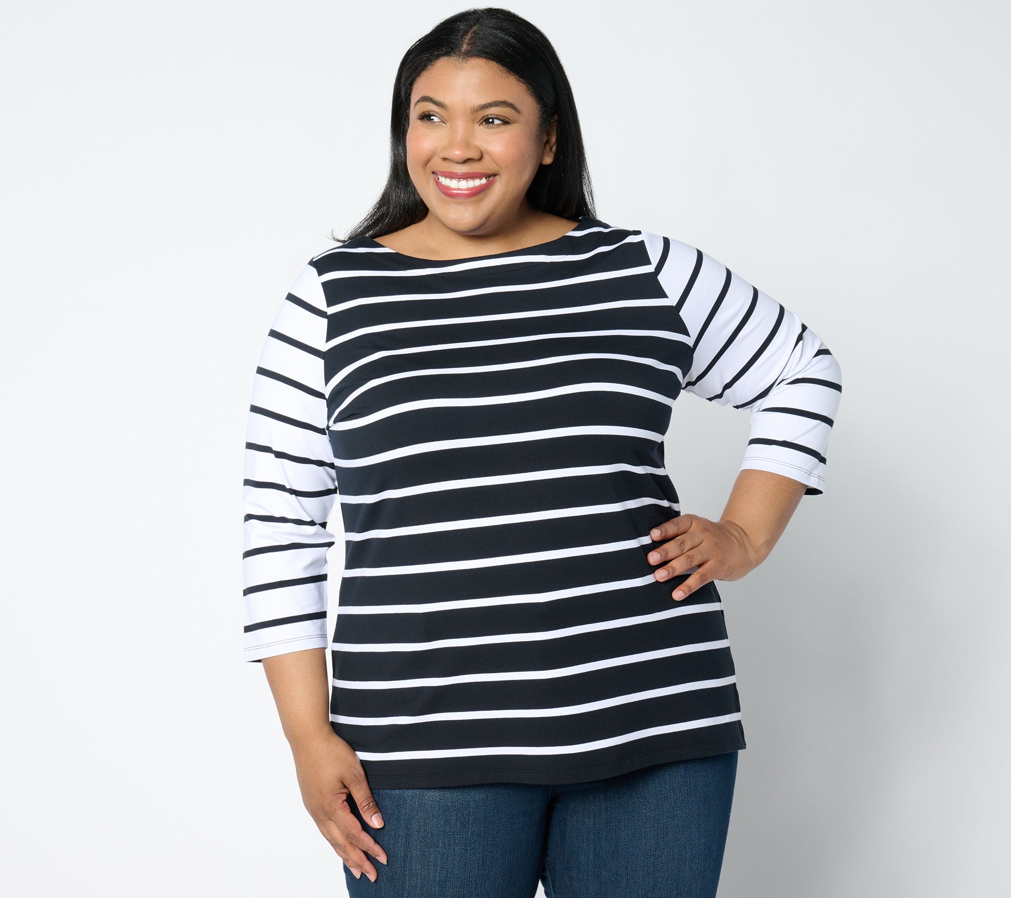 Isaac Mizrahi Live! 3/4 Sleeve Yarn Dye Stripe Boat Neck Top