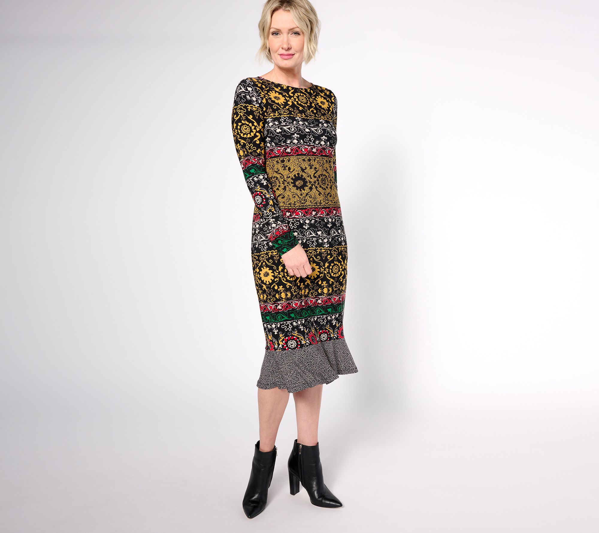 "As Is" Susan Graver Regular Printed Liquid Knit Midi Dress w/ Flounce Hem