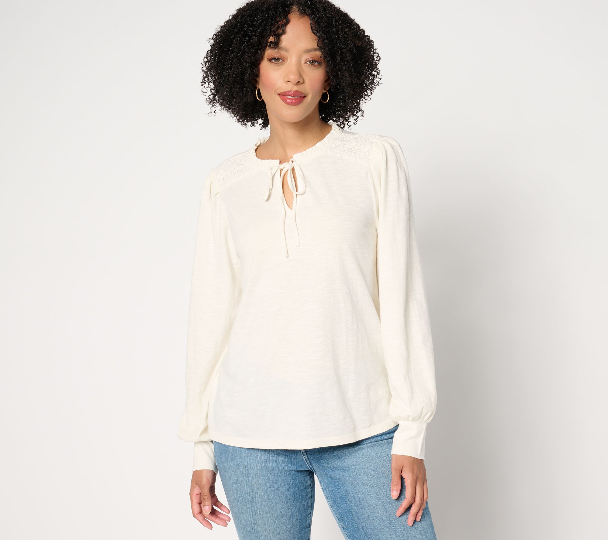 Me by Jennie Garth Calico Knit Blouse with Crochet Detail