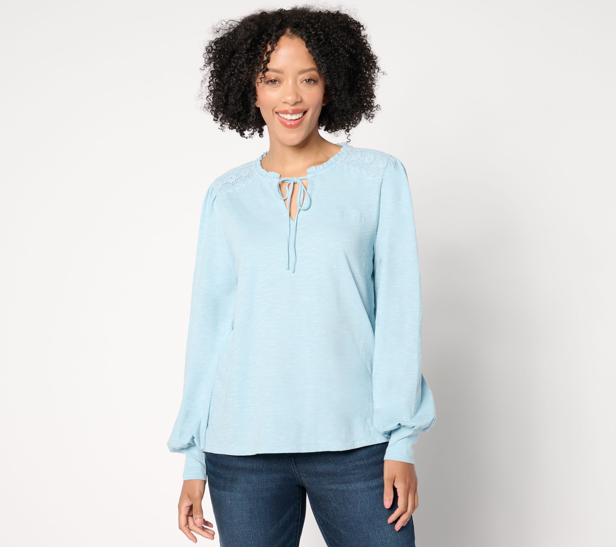 Me by Jennie Garth Calico Knit Blouse with Crochet Detail