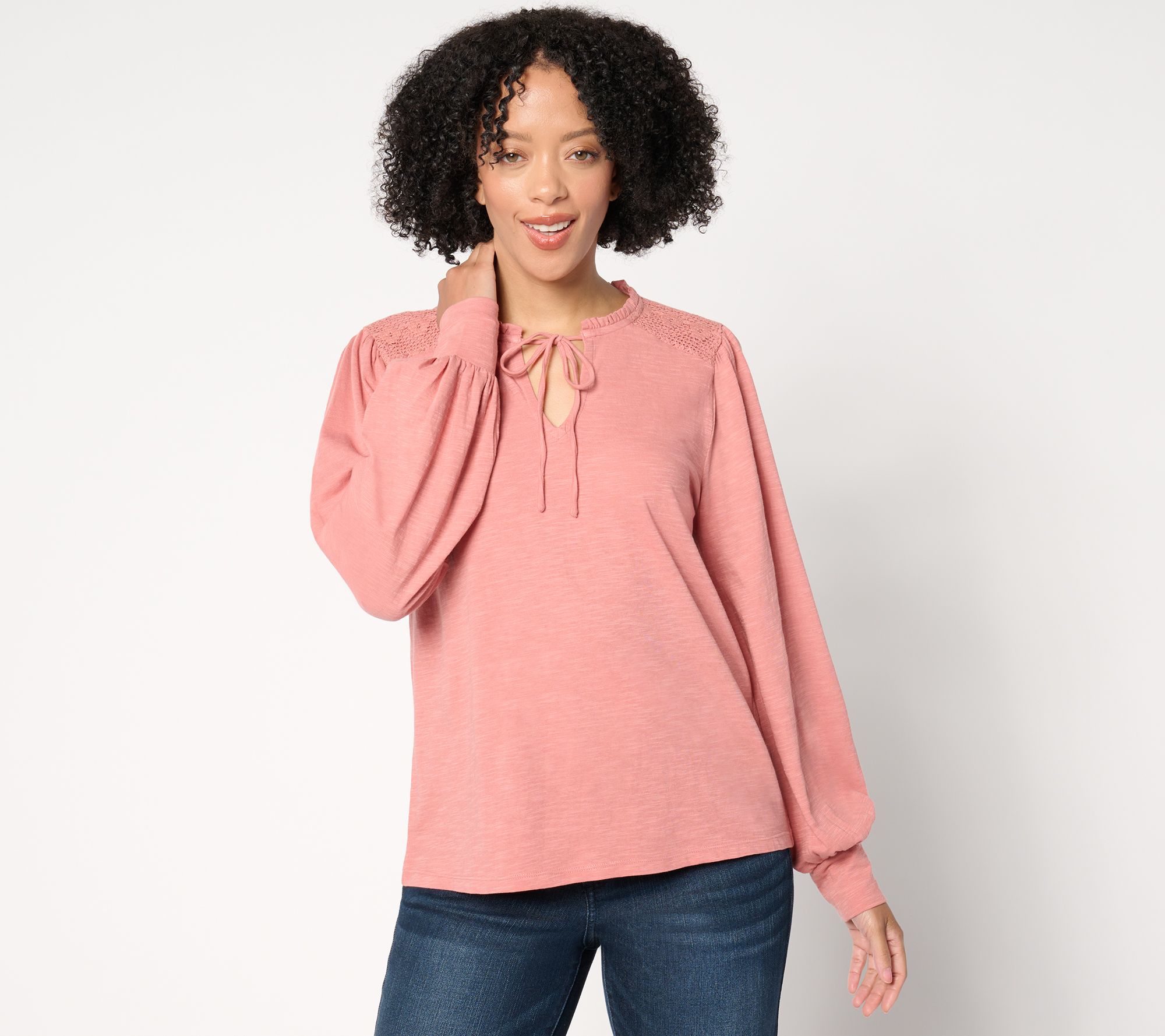 Me by Jennie Garth Calico Knit Blouse with Crochet Detail