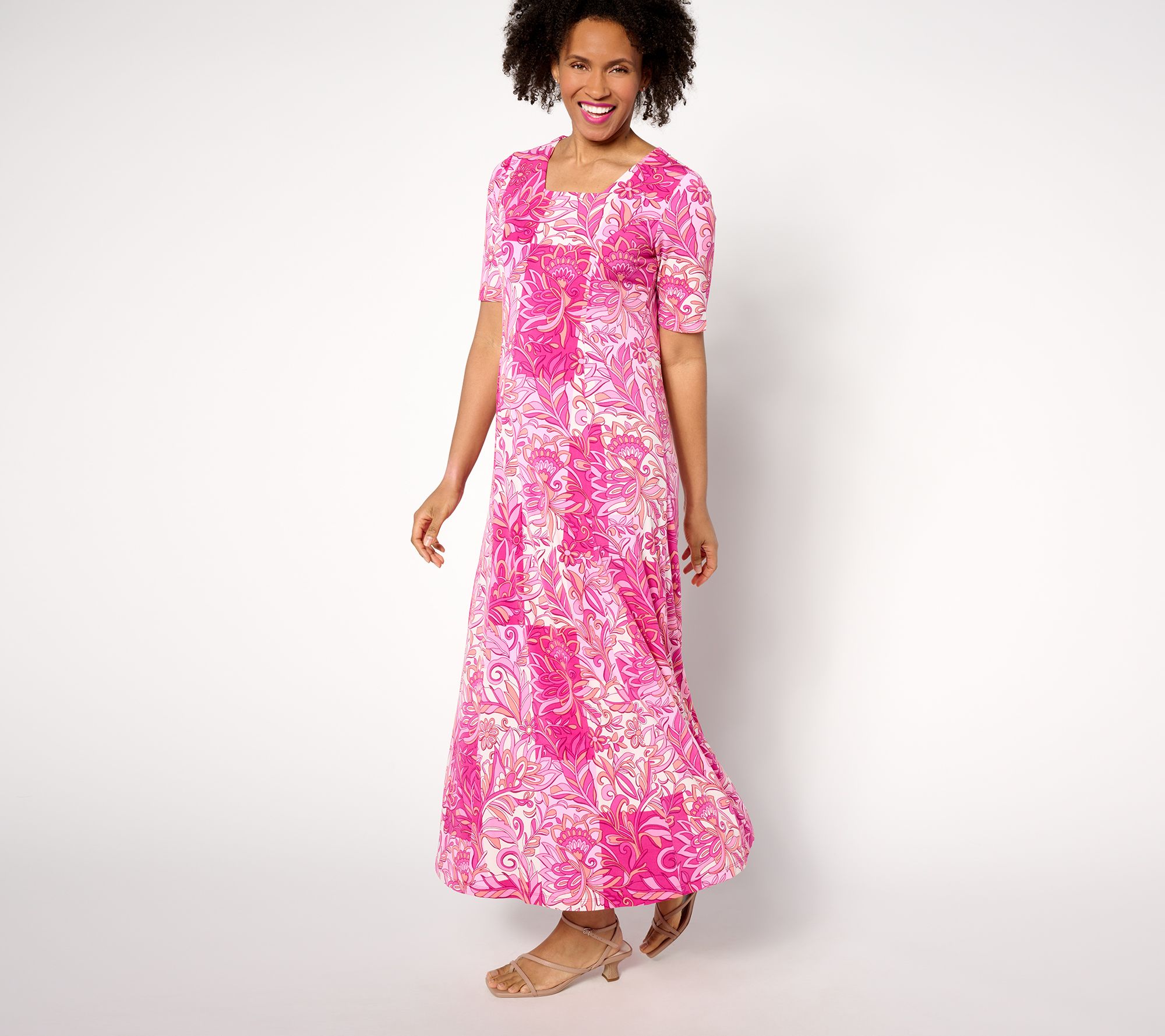 "As Is" Susan Graver Passport Petite Printed Liquid Knit Maxi Dress