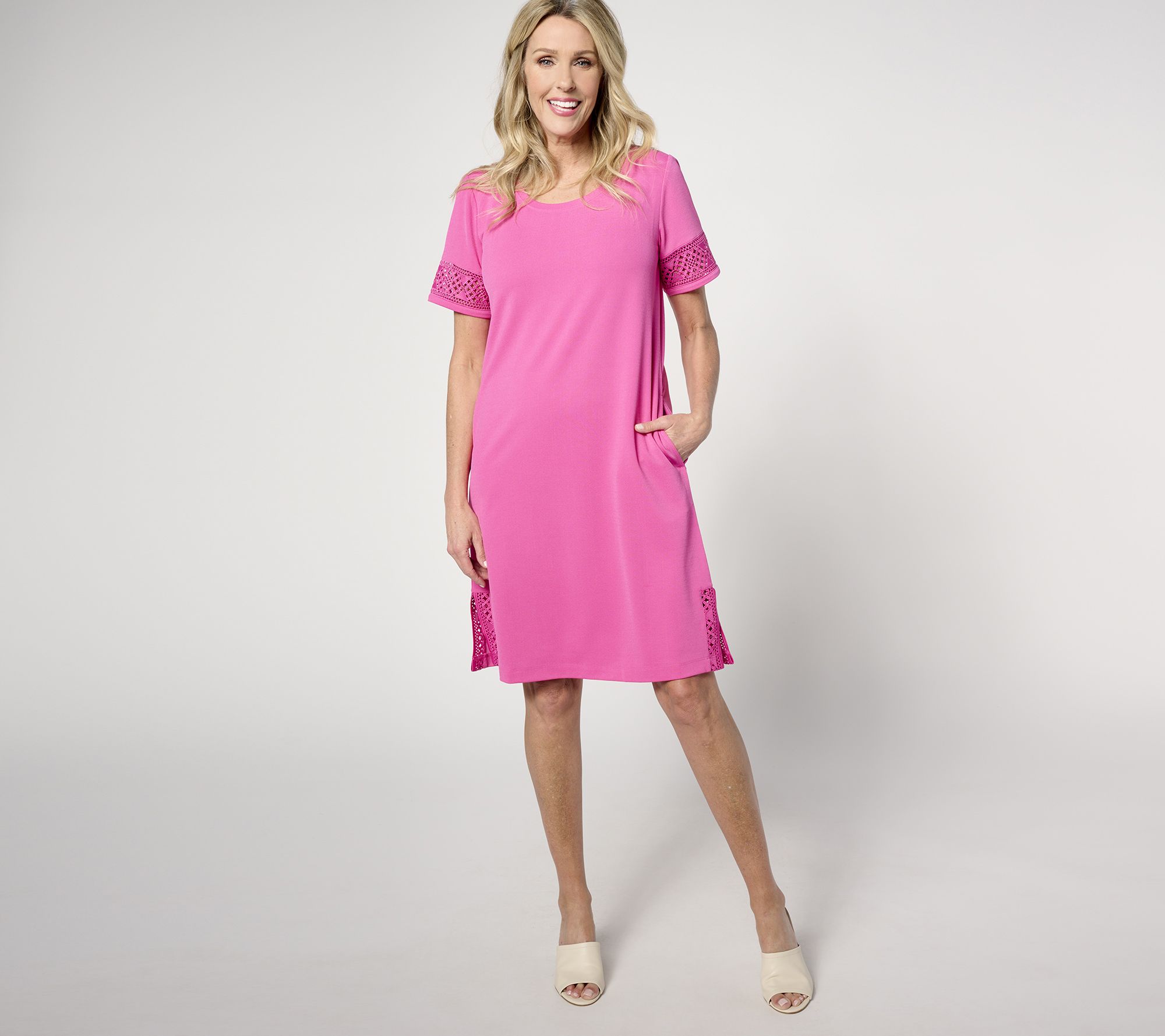 "As Is" Isaac Mizrahi Live! Regular Pebble Knit Dress with Lace Trim