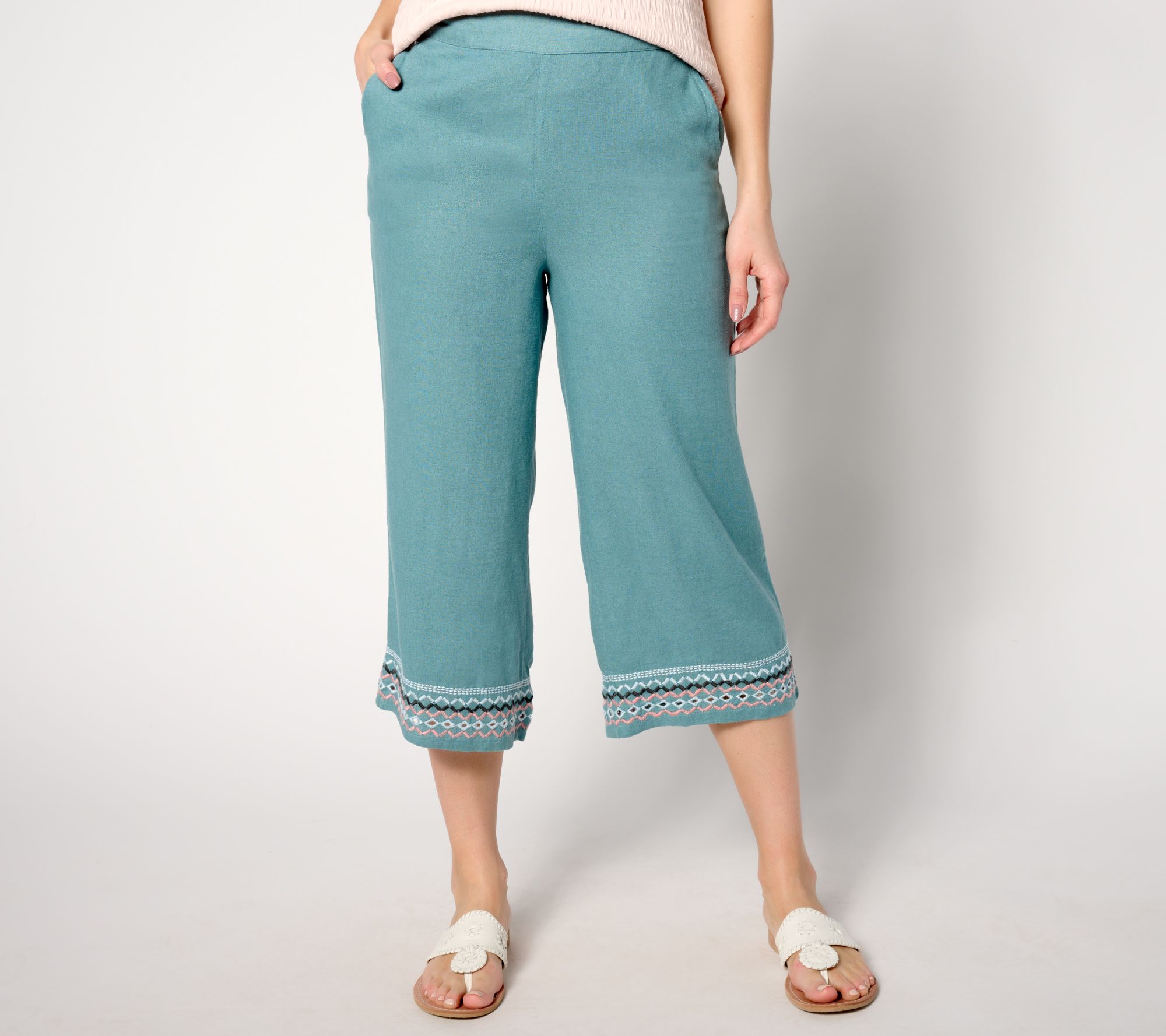 "As Is" Denim & Co. Naturals Petite Linen Blend Embroider Capri Pant