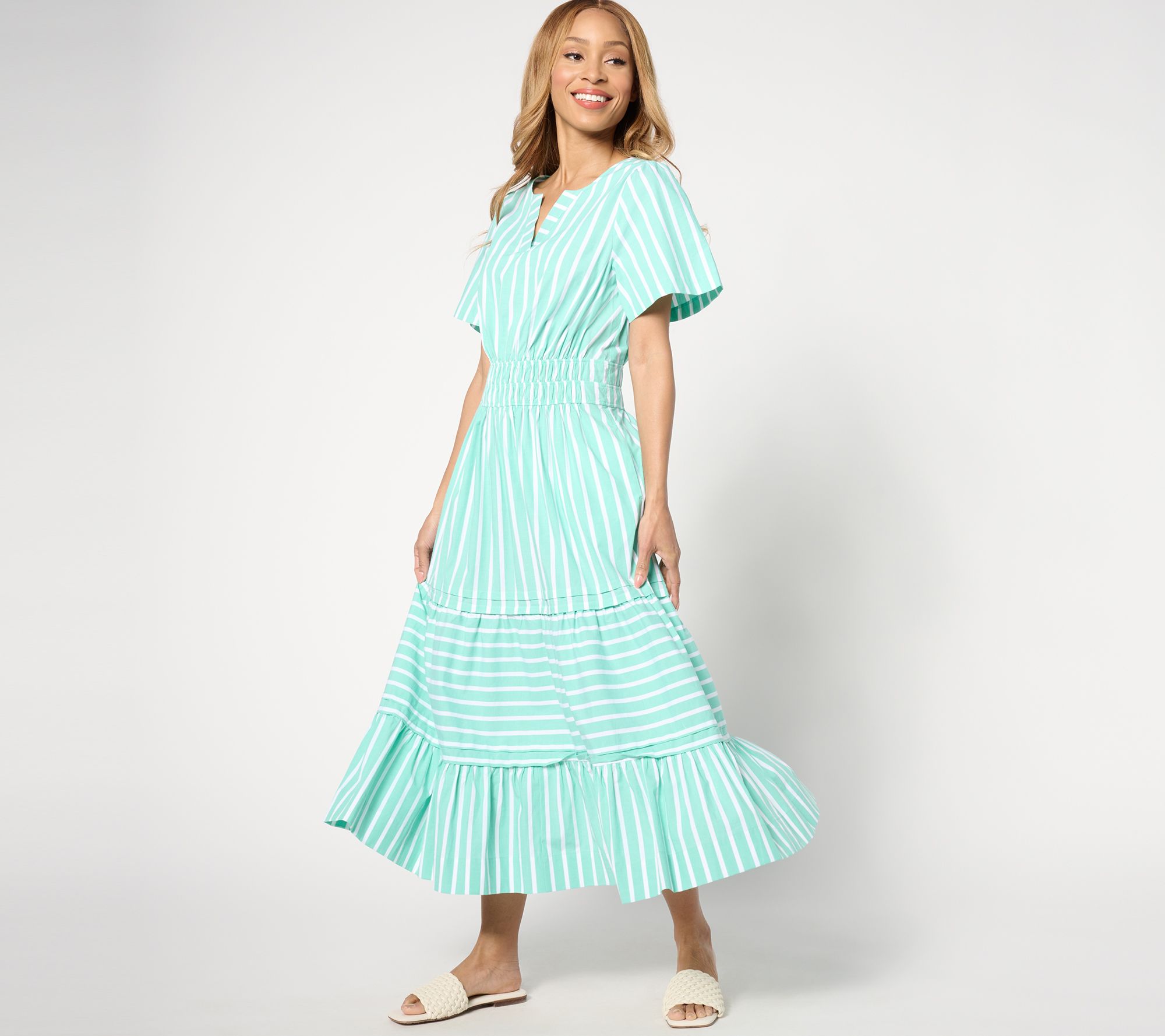 "As Is" Isaac Mizrahi Live! Petite Yarn Dye Stripe Poplin Maxi
