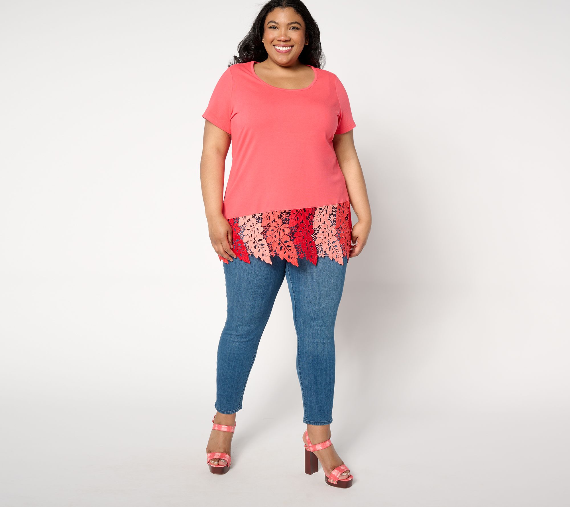 As Is Attitudes By Renee Washed Cotton Tropical Lace Top Qvc Com