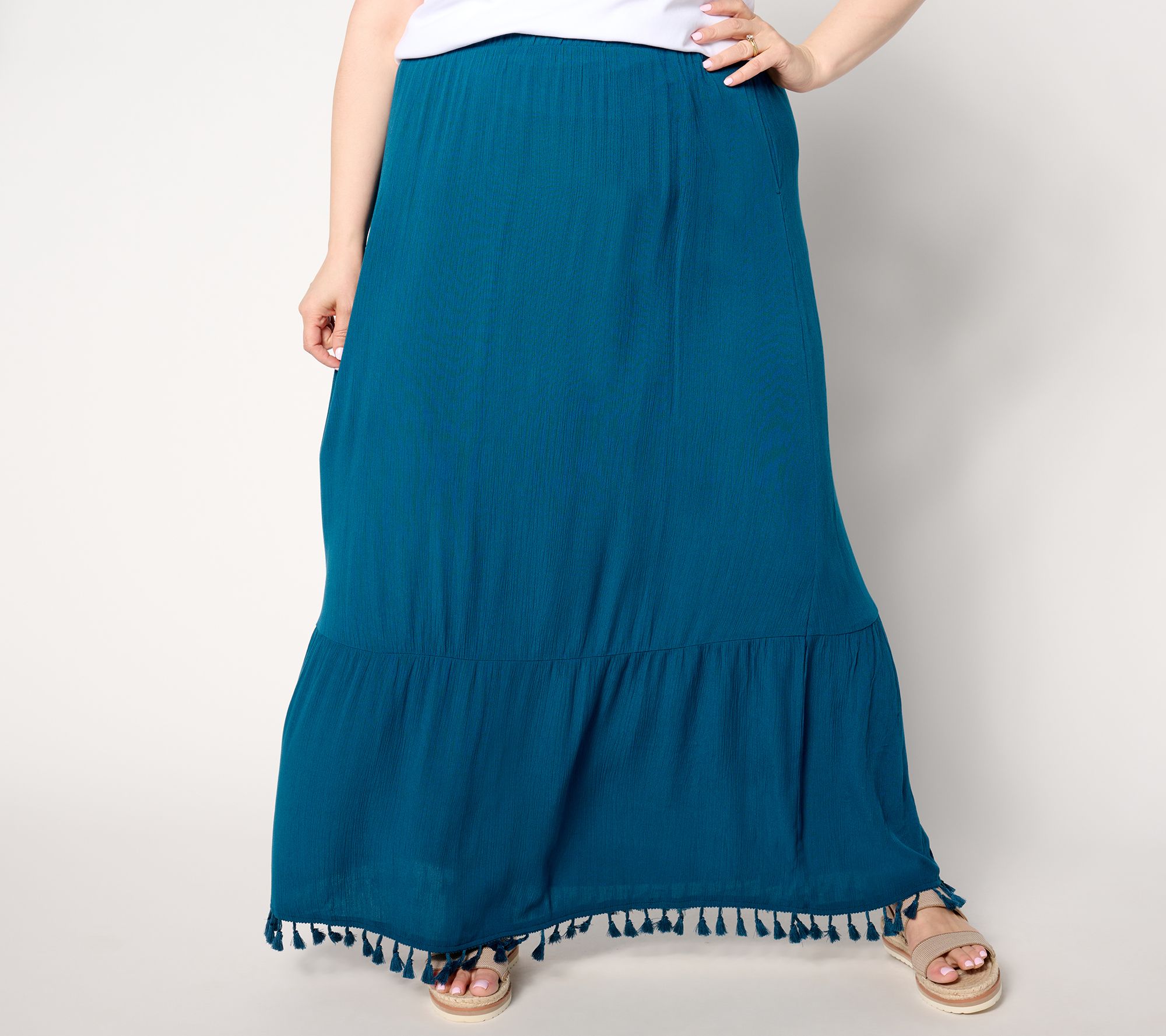 "As Is" Denim & Co. Crinkle Crepe Tiered Tassel Skirt