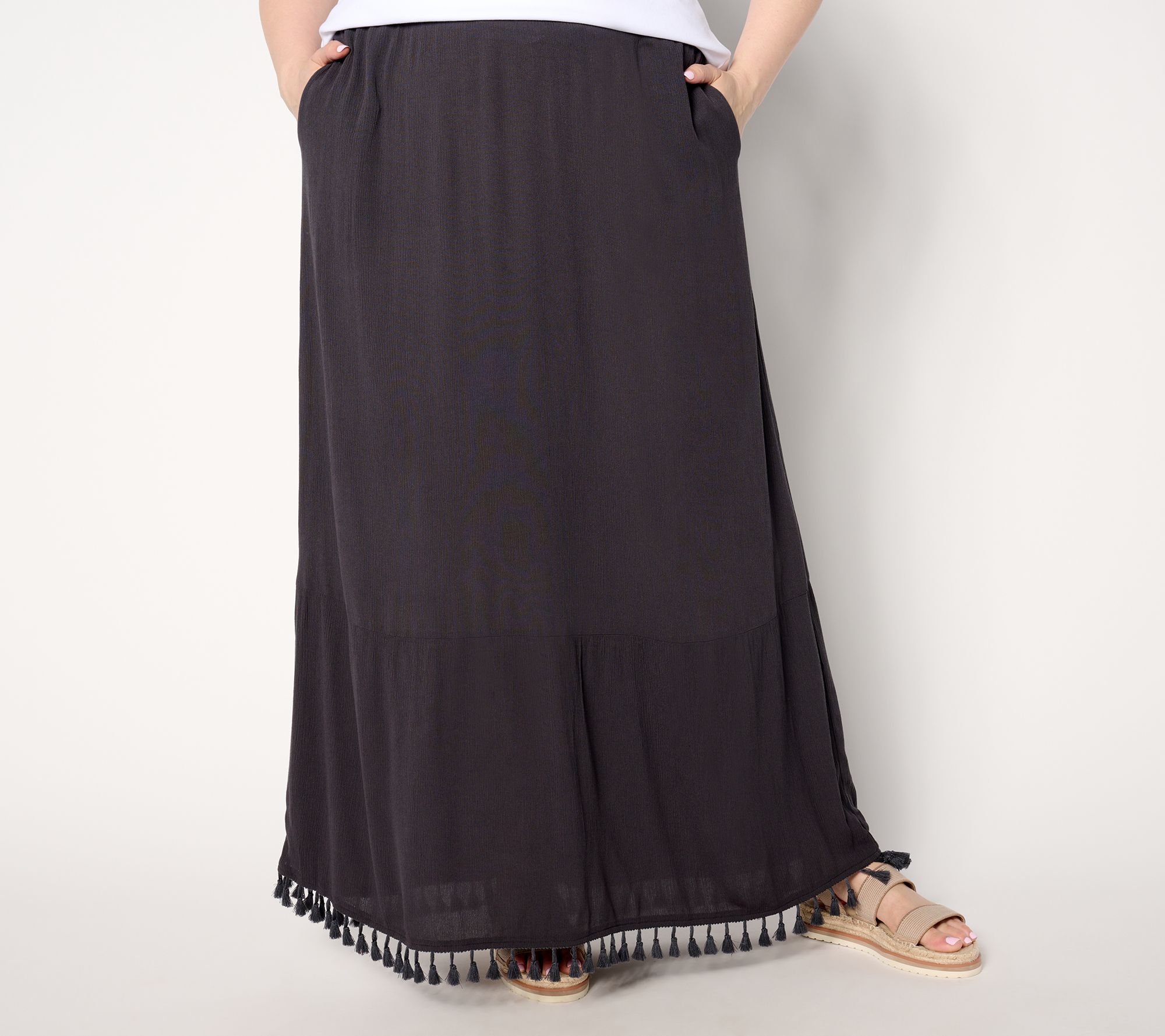 "As Is" Denim & Co. Crinkle Crepe Tiered Tassel Skirt