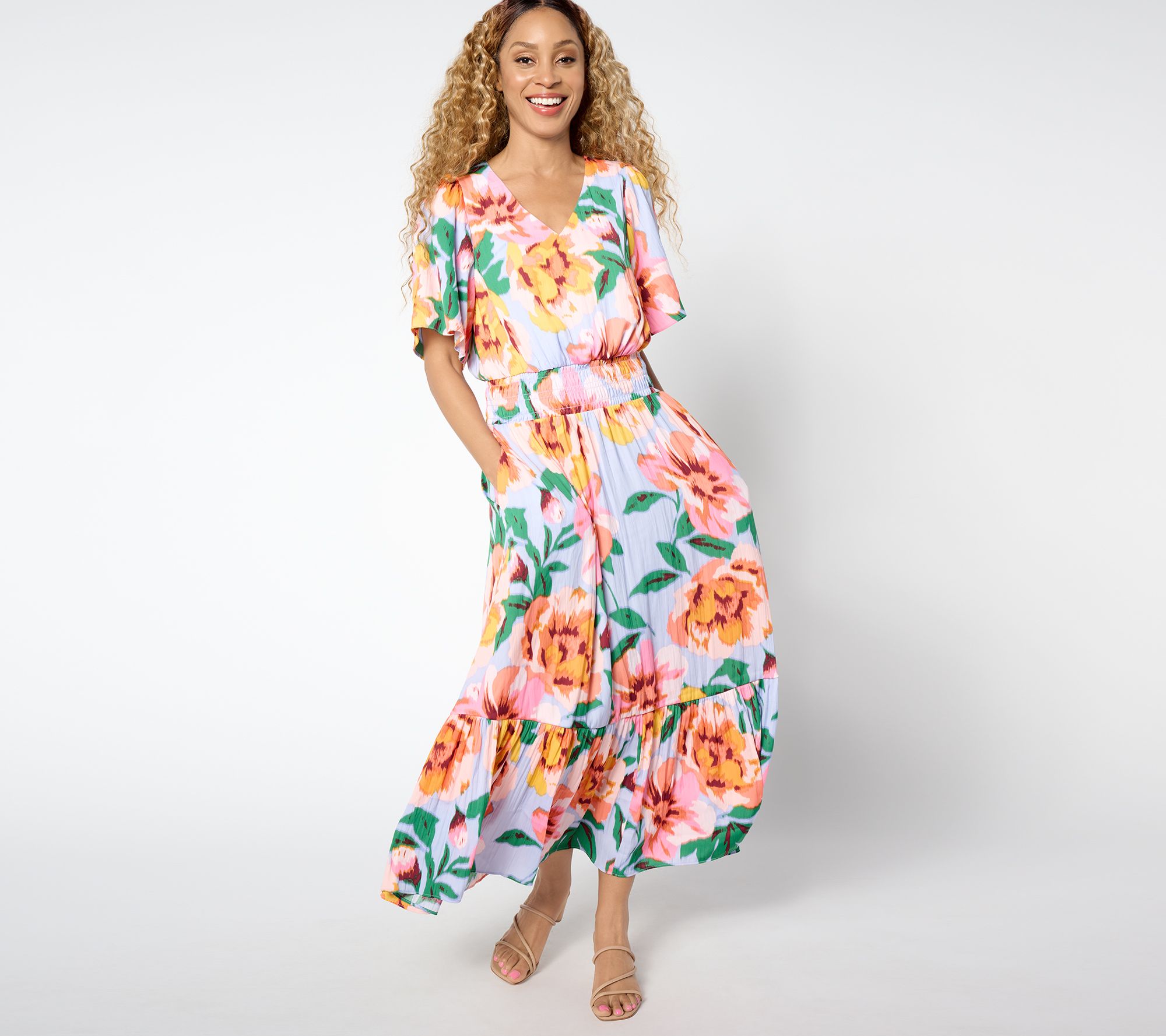 "As Is" Isaac Mizrahi Live! Regular Flowy Crinkle Satin Maxi Dress