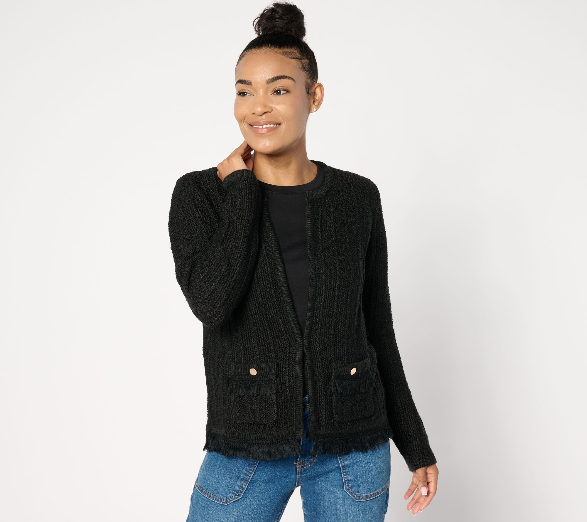 "As Is" Joan Rivers Boucle Sweater Cardigan with Fringe Hem