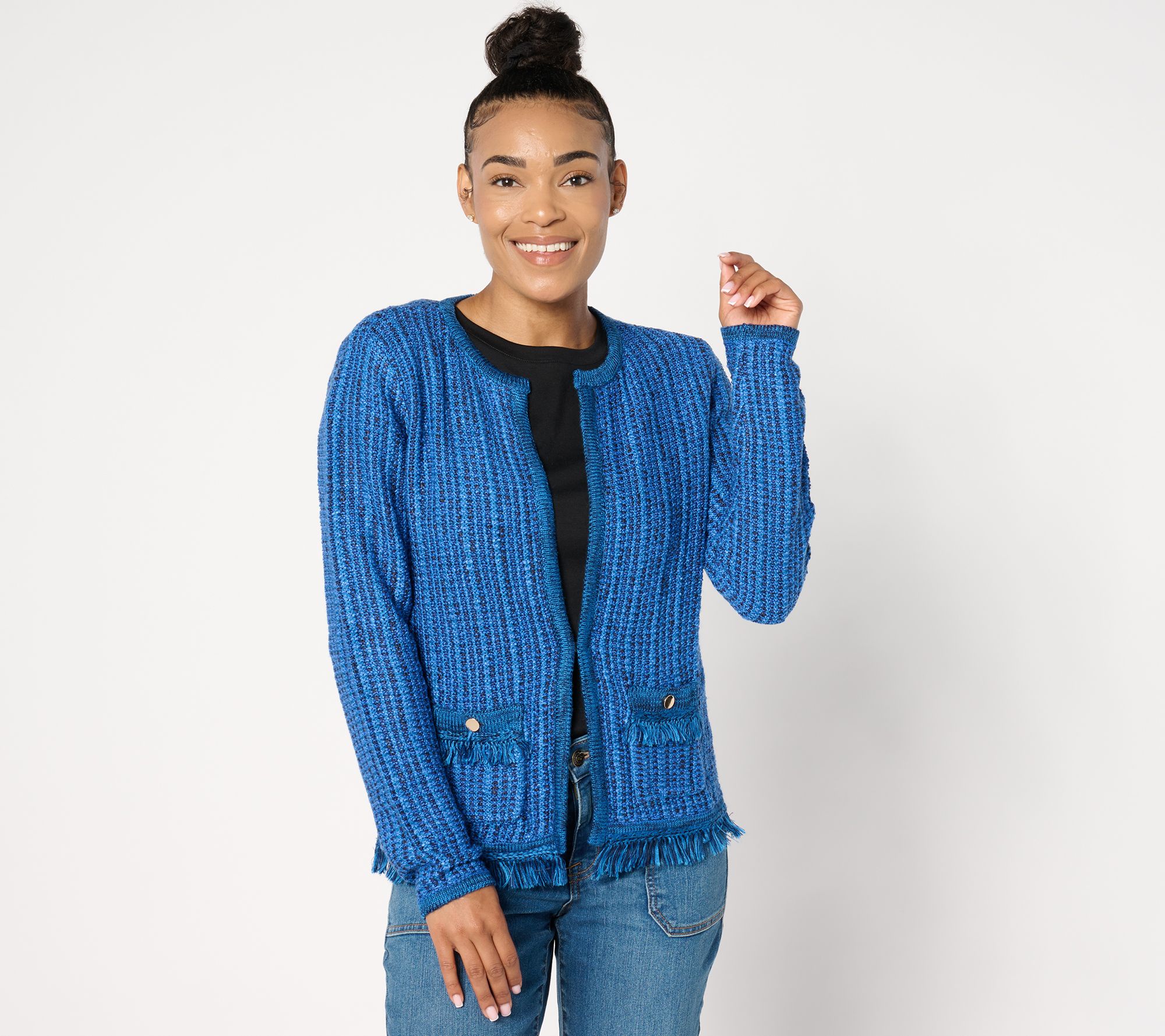 "As Is" Joan Rivers Boucle Sweater Cardigan with Fringe Hem
