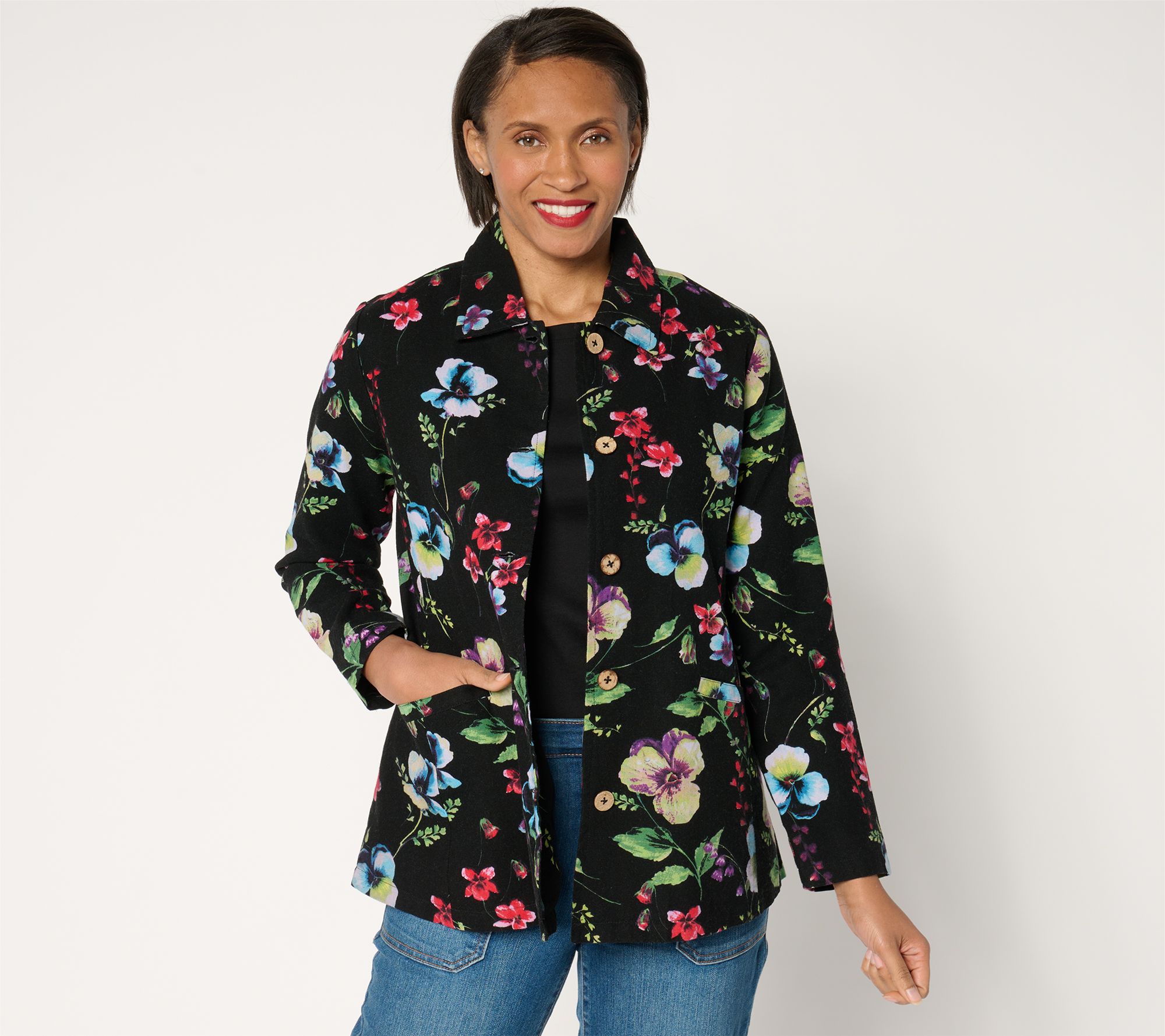 Susan Graver Regular Printed Cotton Button Front Swing Jacket
