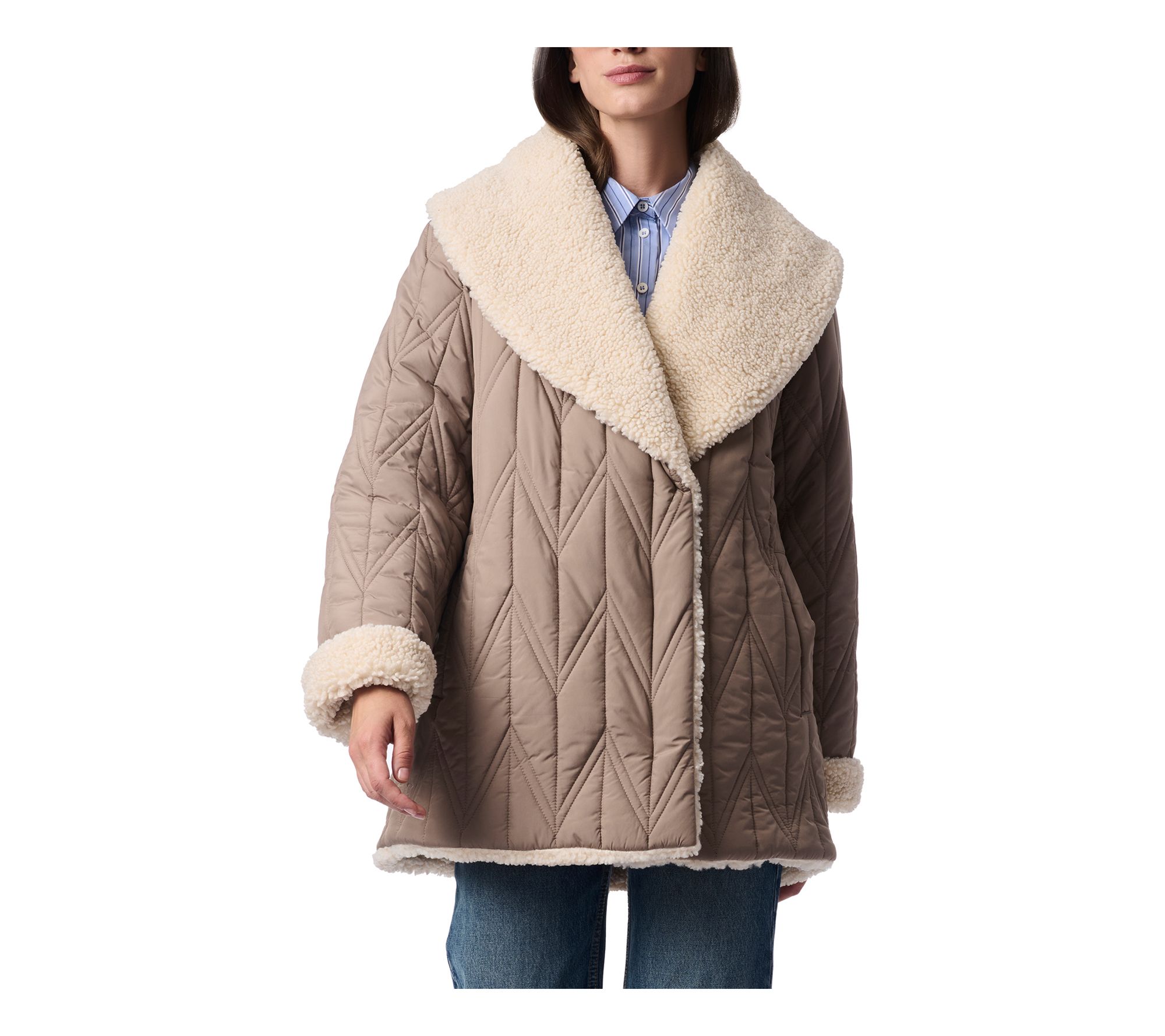 Bernardo Quilted Faux Sherpa Shawl Collar Jacket