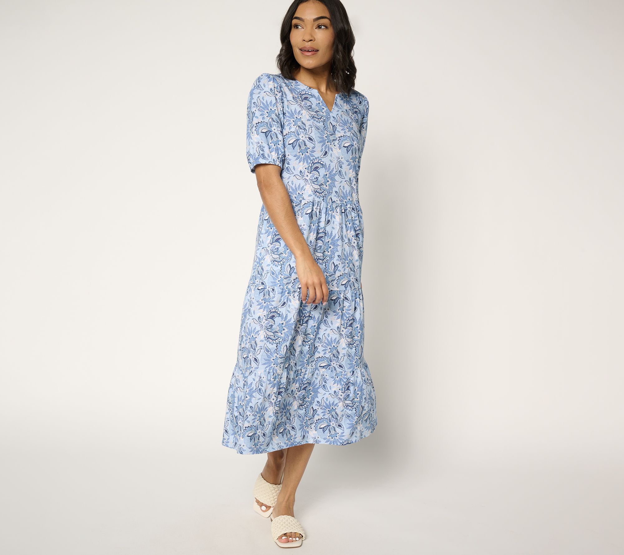 Denim & Co. Regular Linen Blend Puff Sleeve Midi Dress
