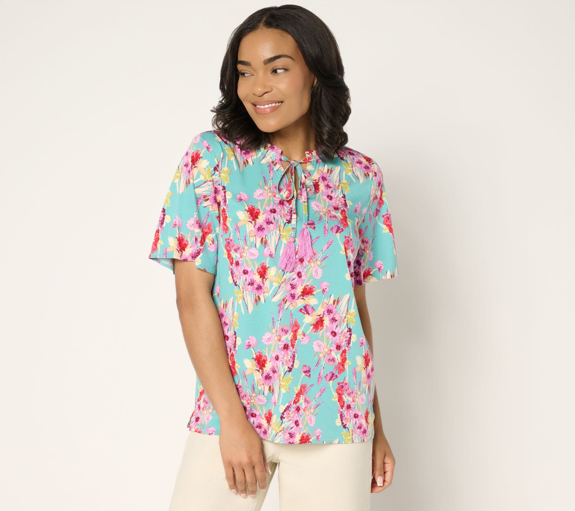 Denim & Co. Short Sleeve Printed Blouse with Tassels