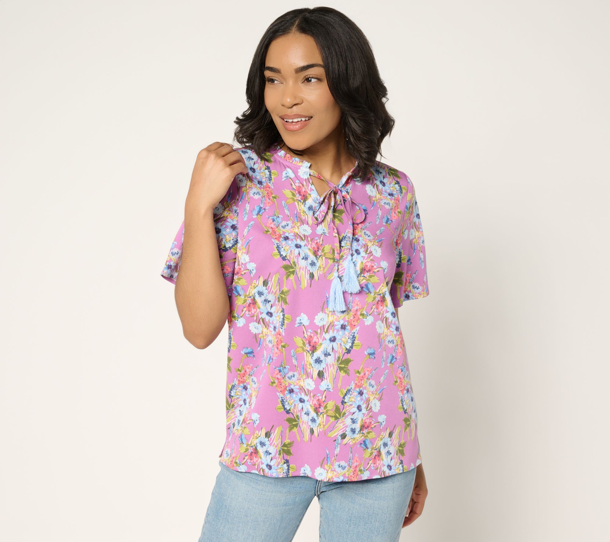Denim & Co. Short Sleeve Printed Blouse with Tassels