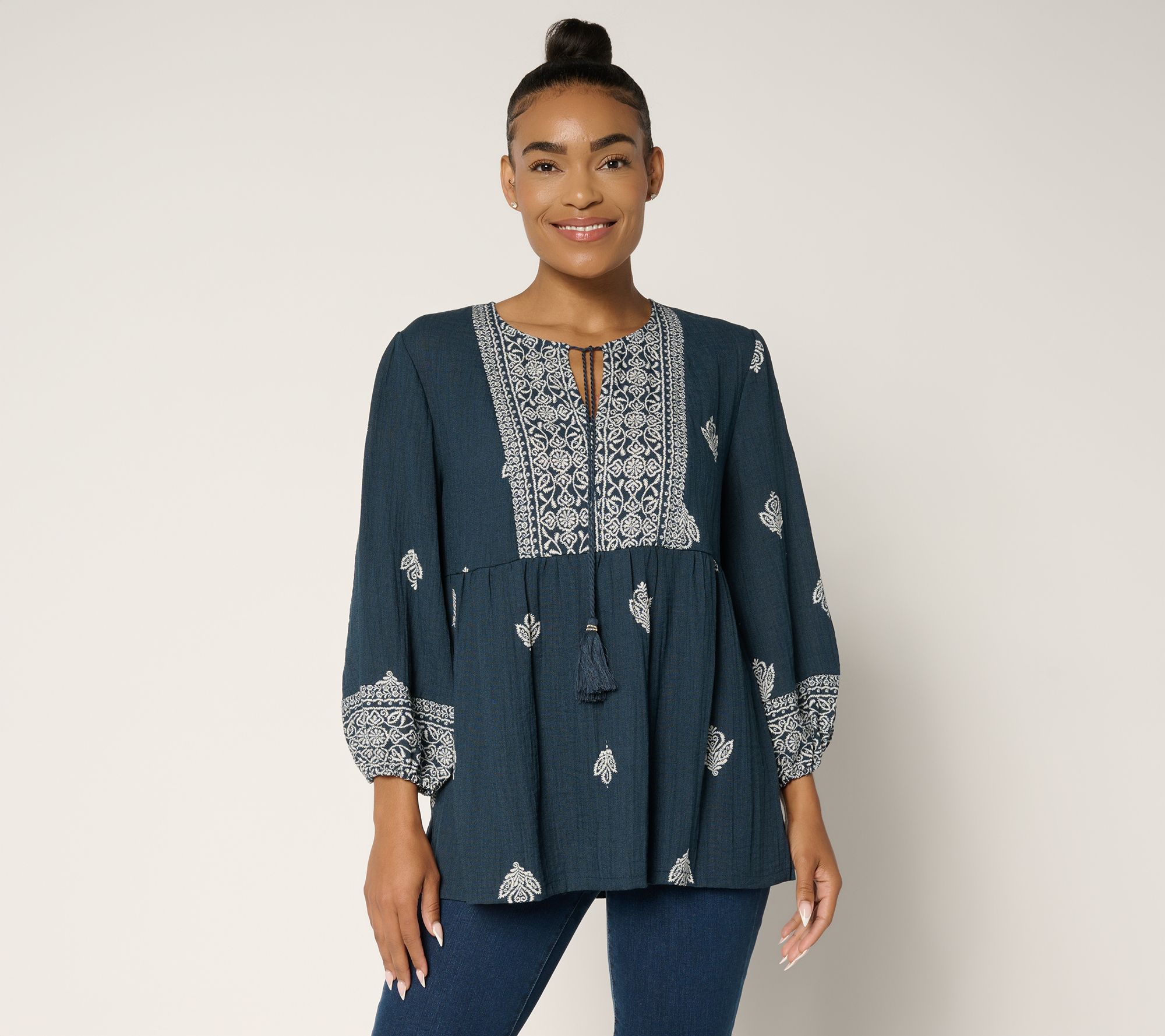 Susan Graver Passport Petite Printed Textured Sheer Woven Tunic