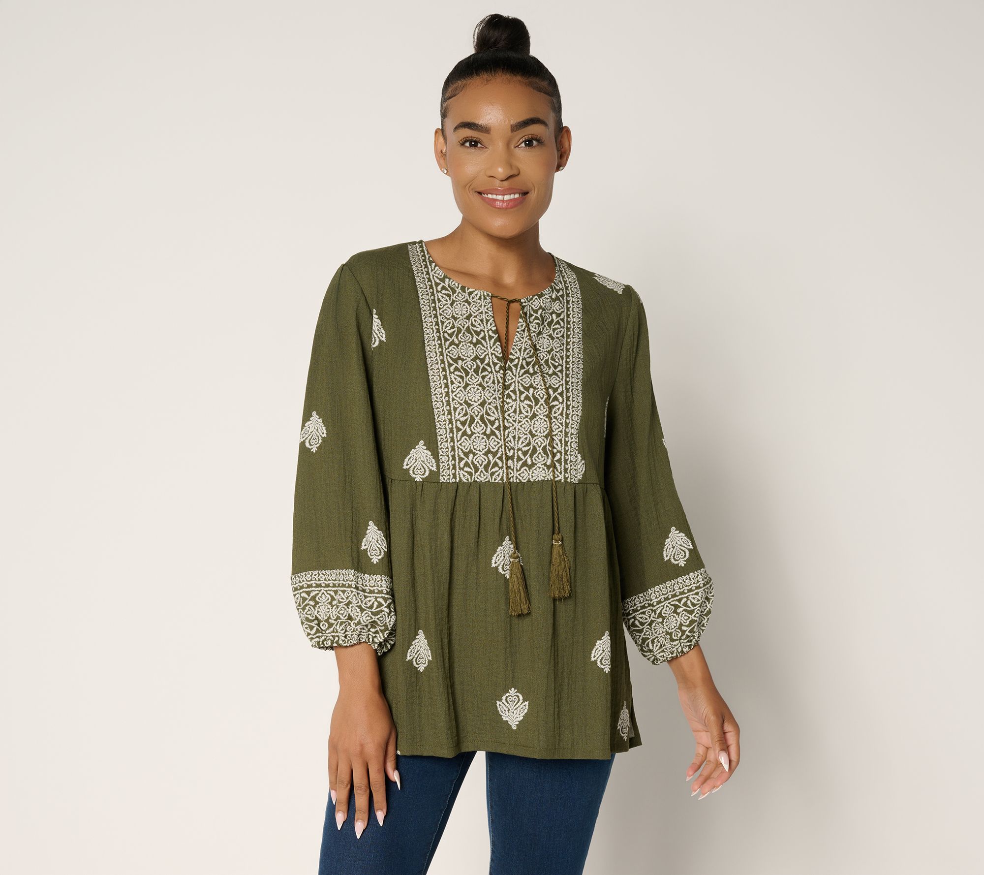Susan Graver Passport Petite Printed Textured Sheer Woven Tunic