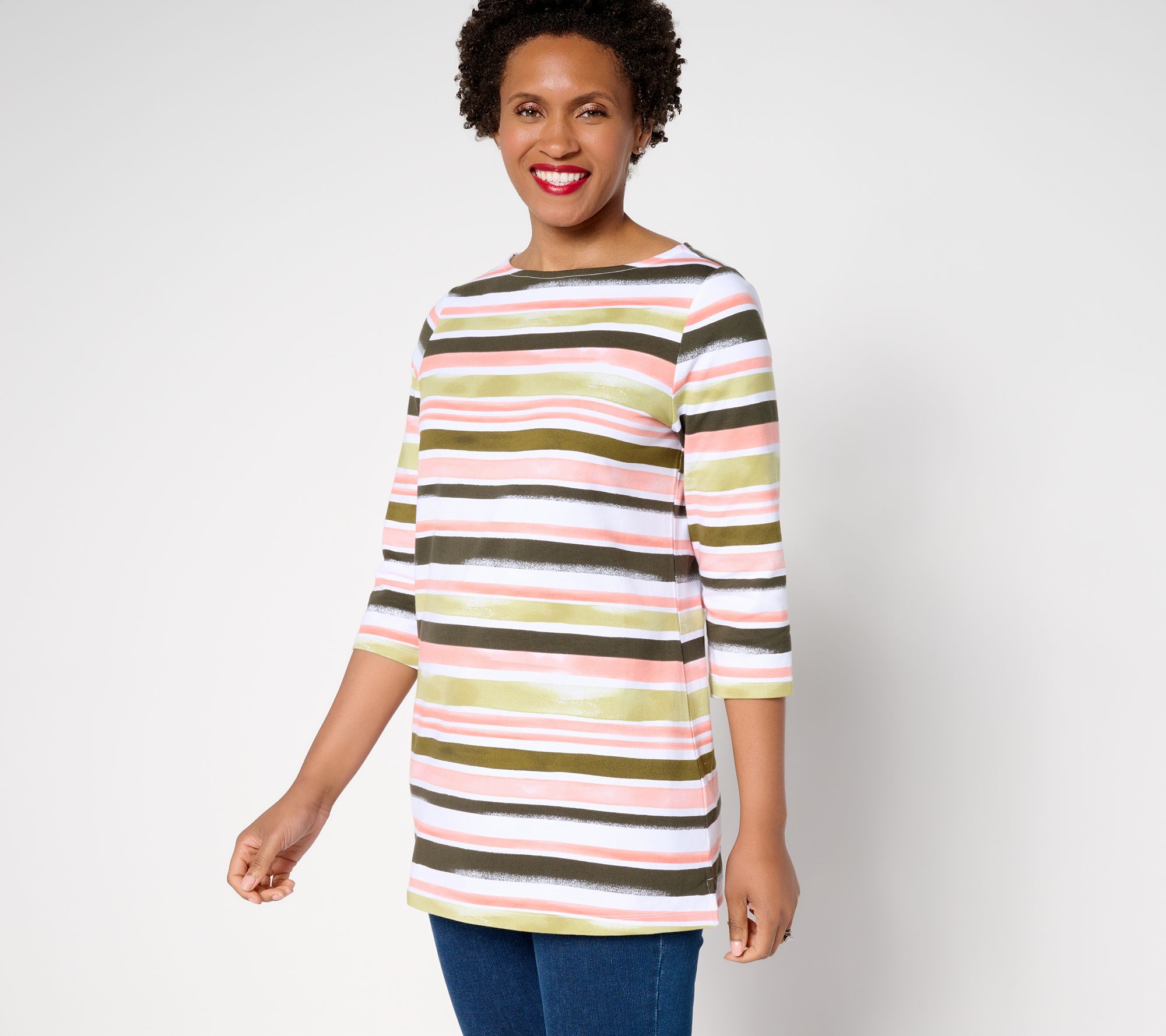 Denim & Co. Petite Perfect Jersey Watercolor Striped Tunic