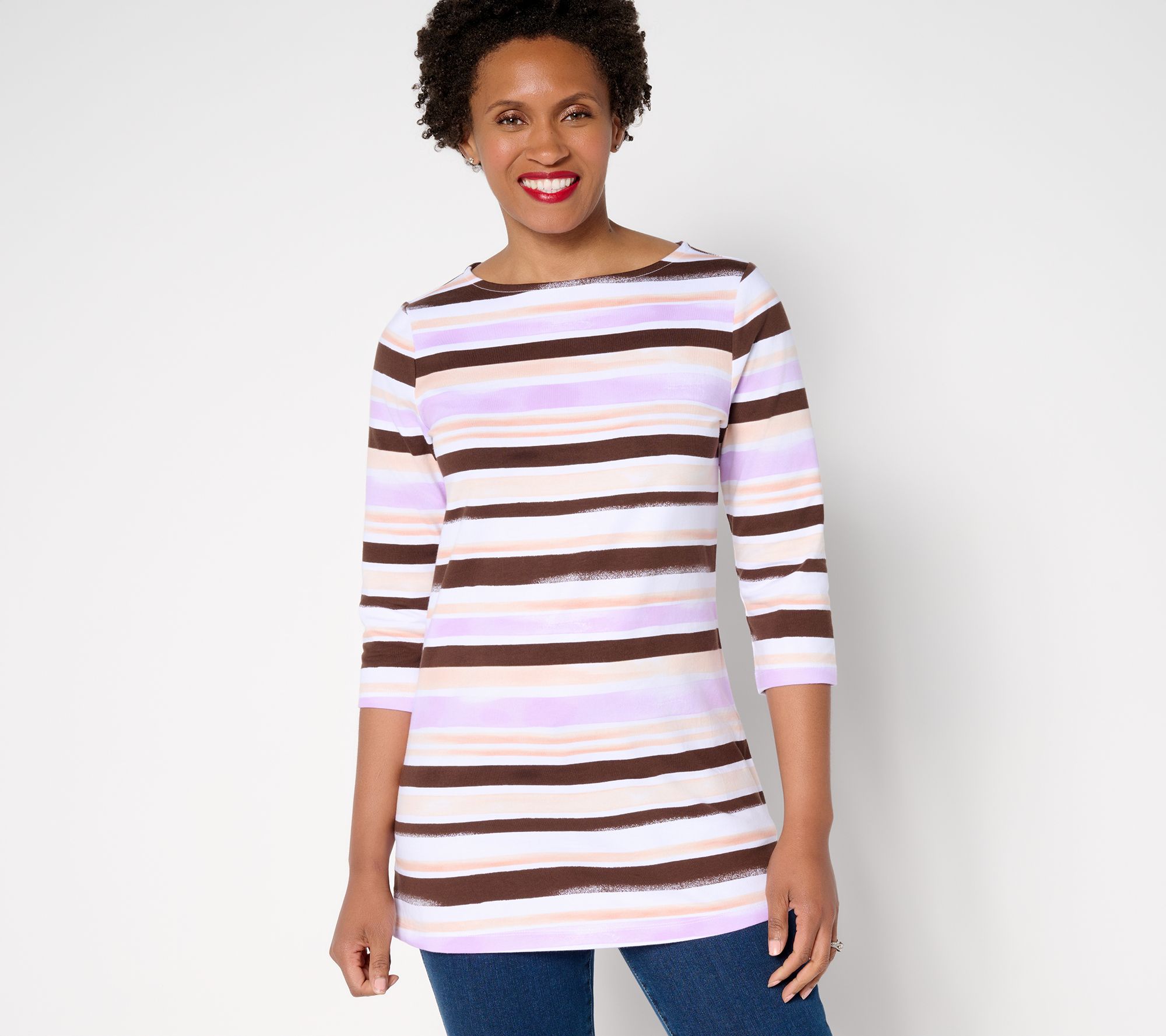 Denim & Co. Petite Perfect Jersey Watercolor Striped Tunic