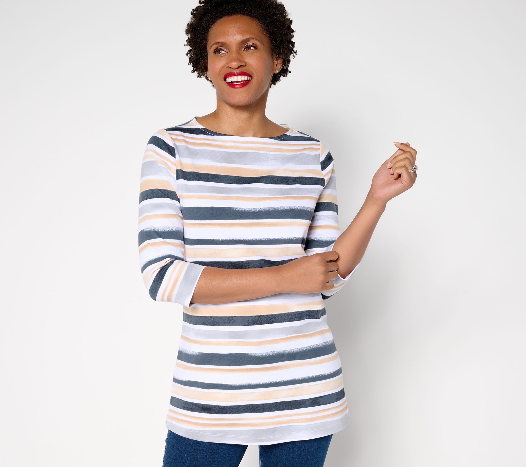 Denim & Co. Petite Perfect Jersey Watercolor Striped Tunic