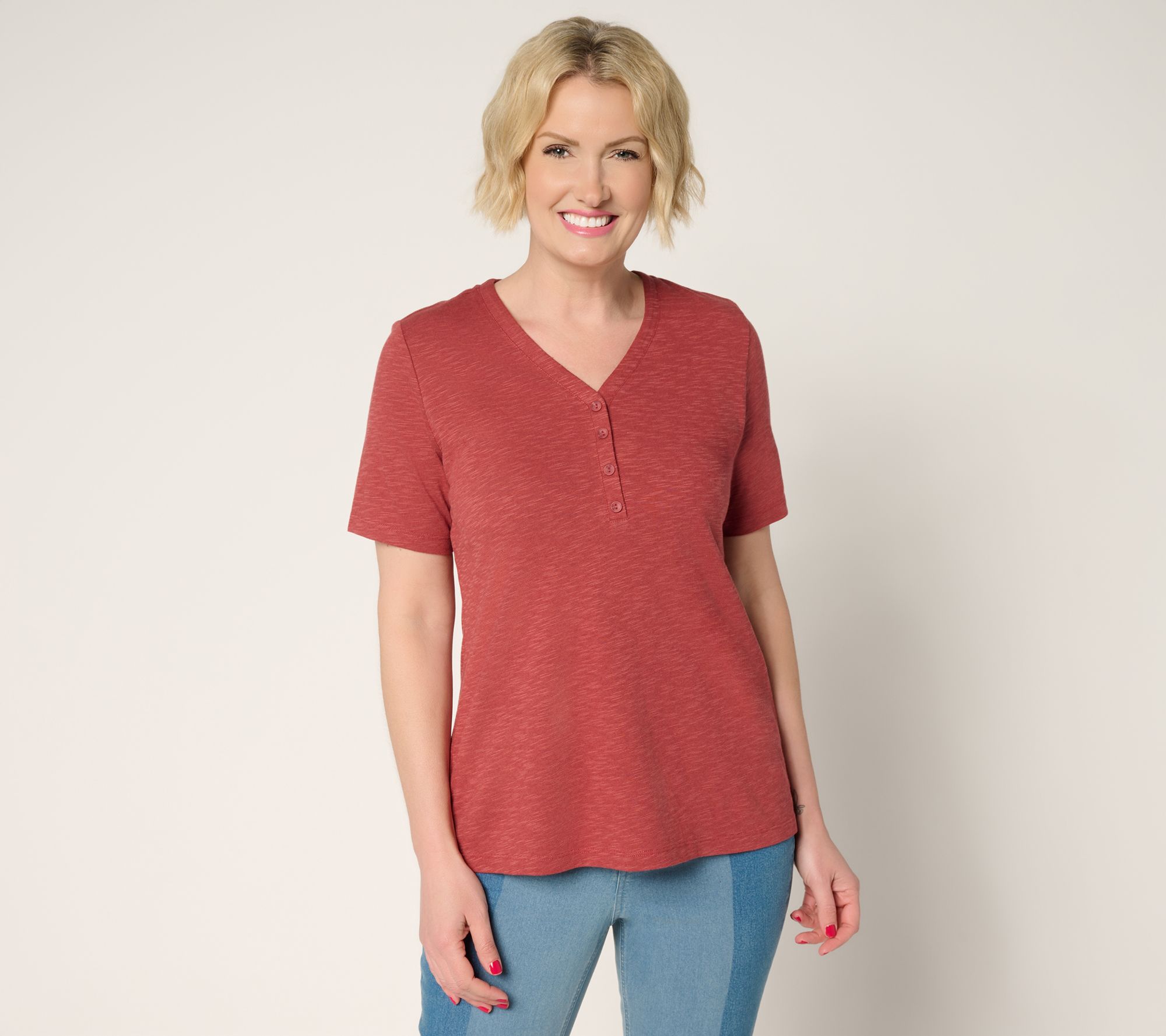 Denim & Co. Essentials Slub Jersey Short Sleeve Henley