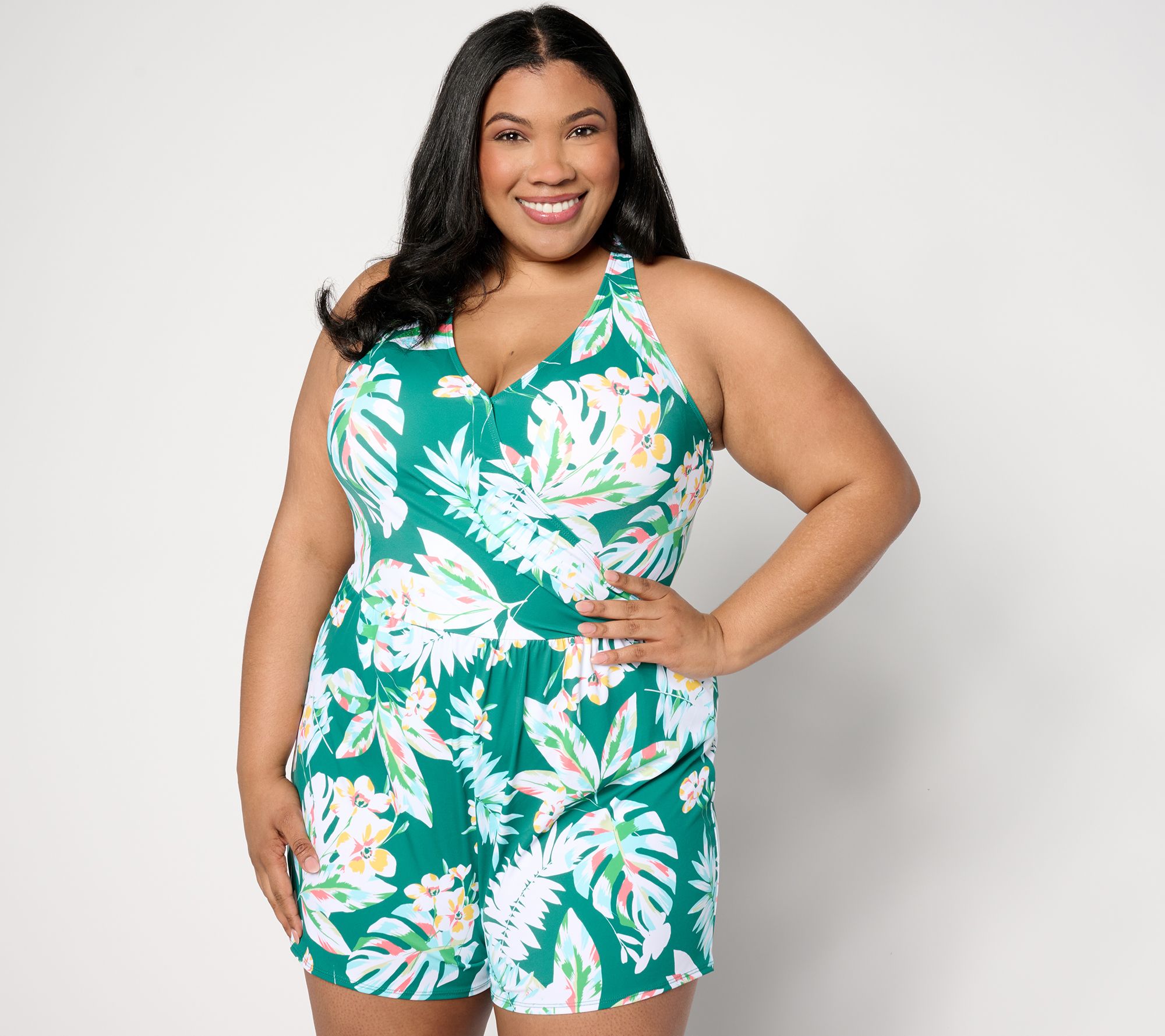 "As Is" Denim & Co. Beach Faux Wrap Tank Swim Romper