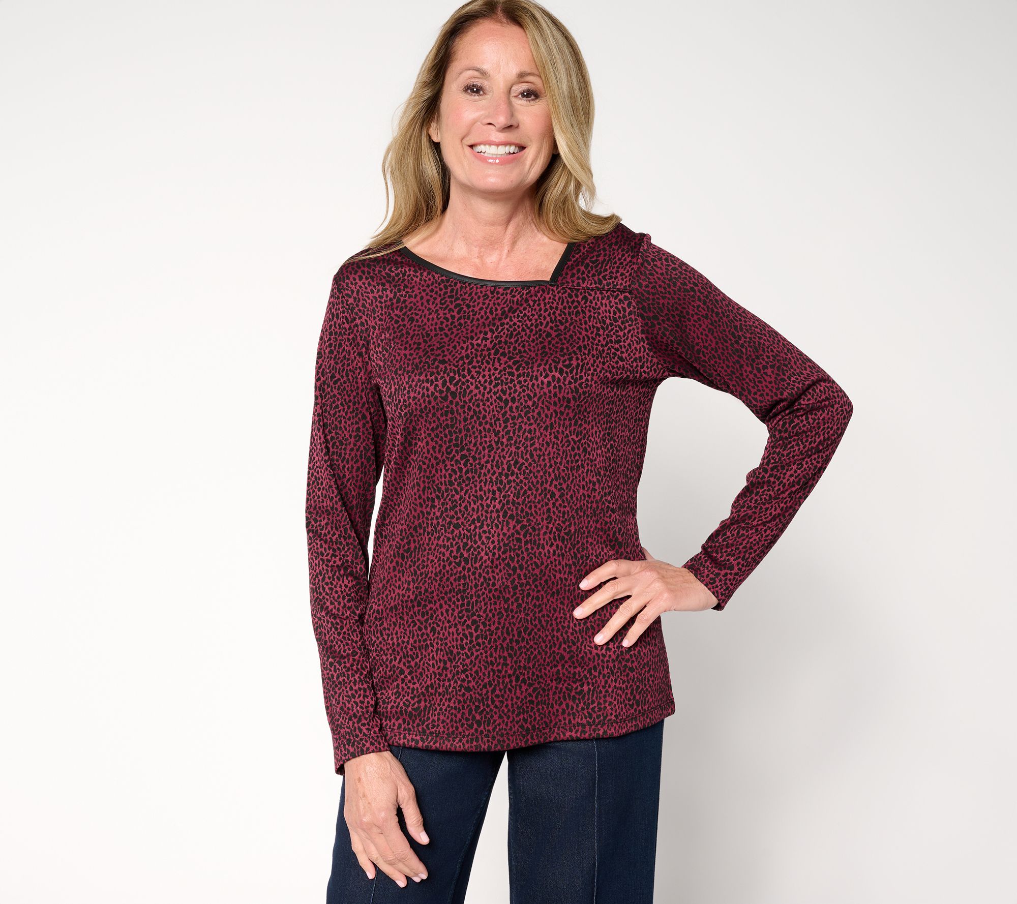 Susan Graver Weekend Jacquard Knit Top w/ Faux Leather Trim