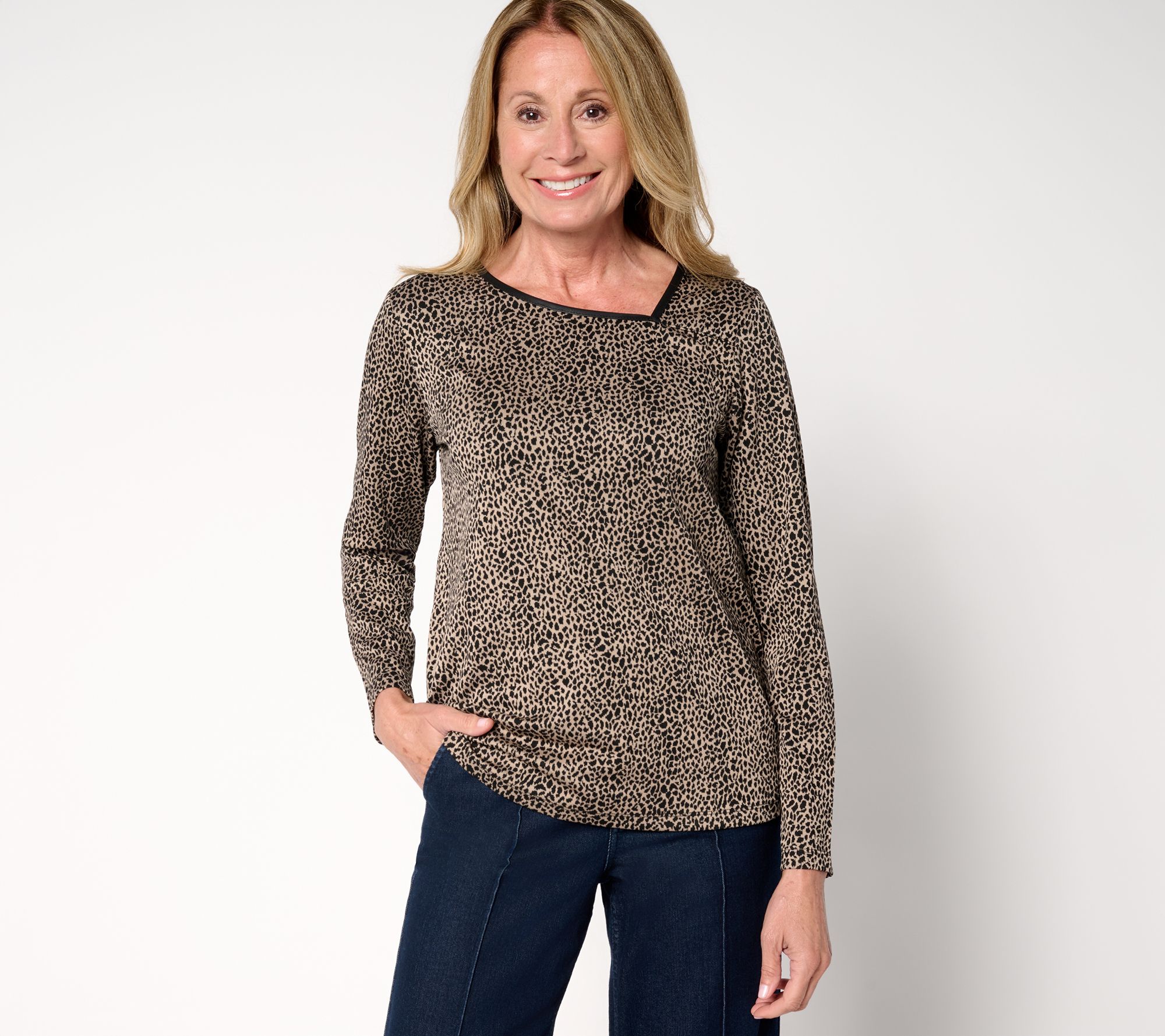 Susan Graver Weekend Jacquard Knit Top w/ Faux Leather Trim