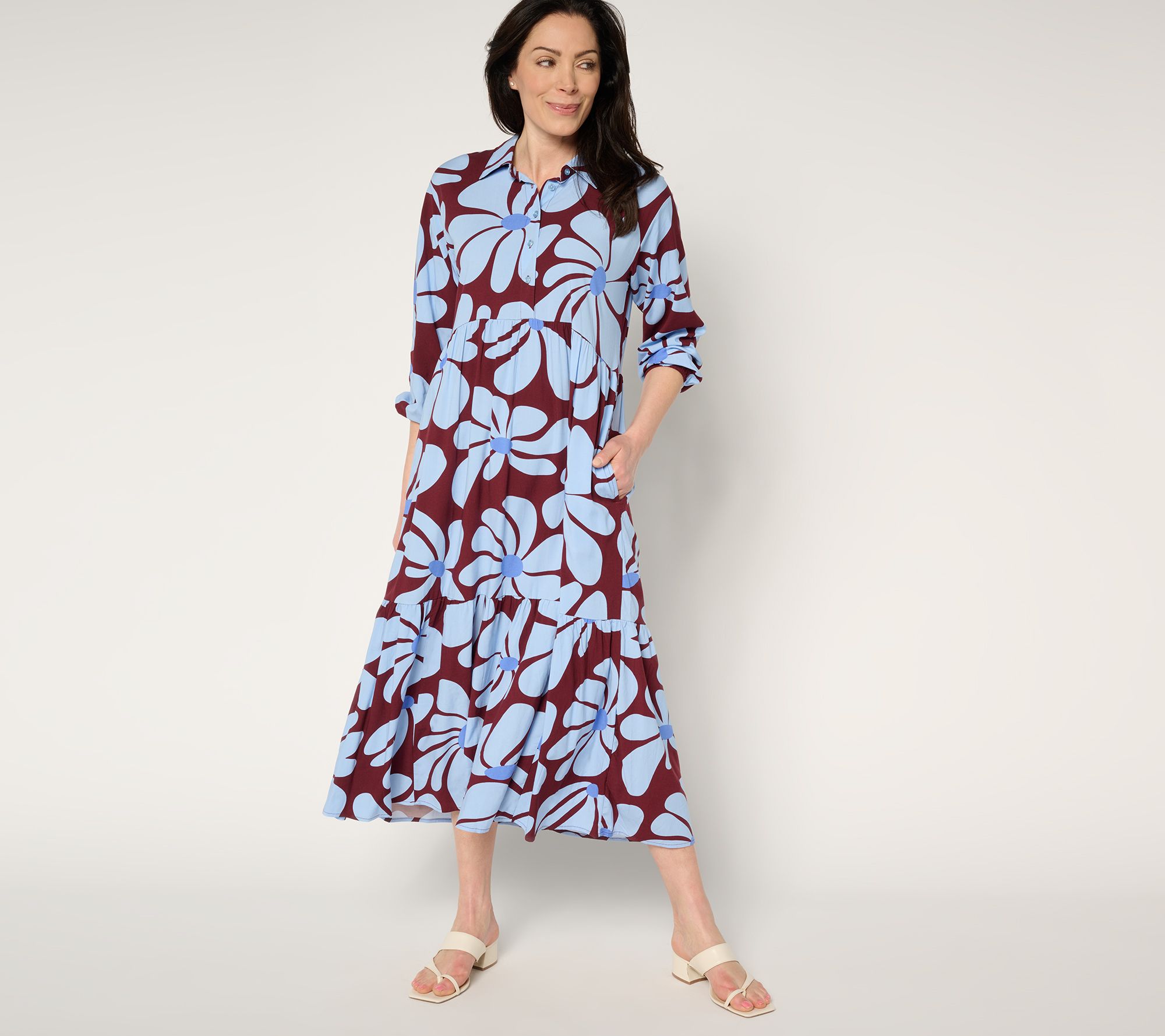 "As Is" Studio Park x Amy Stran Petite Printed Tiered Midi Shirtdress