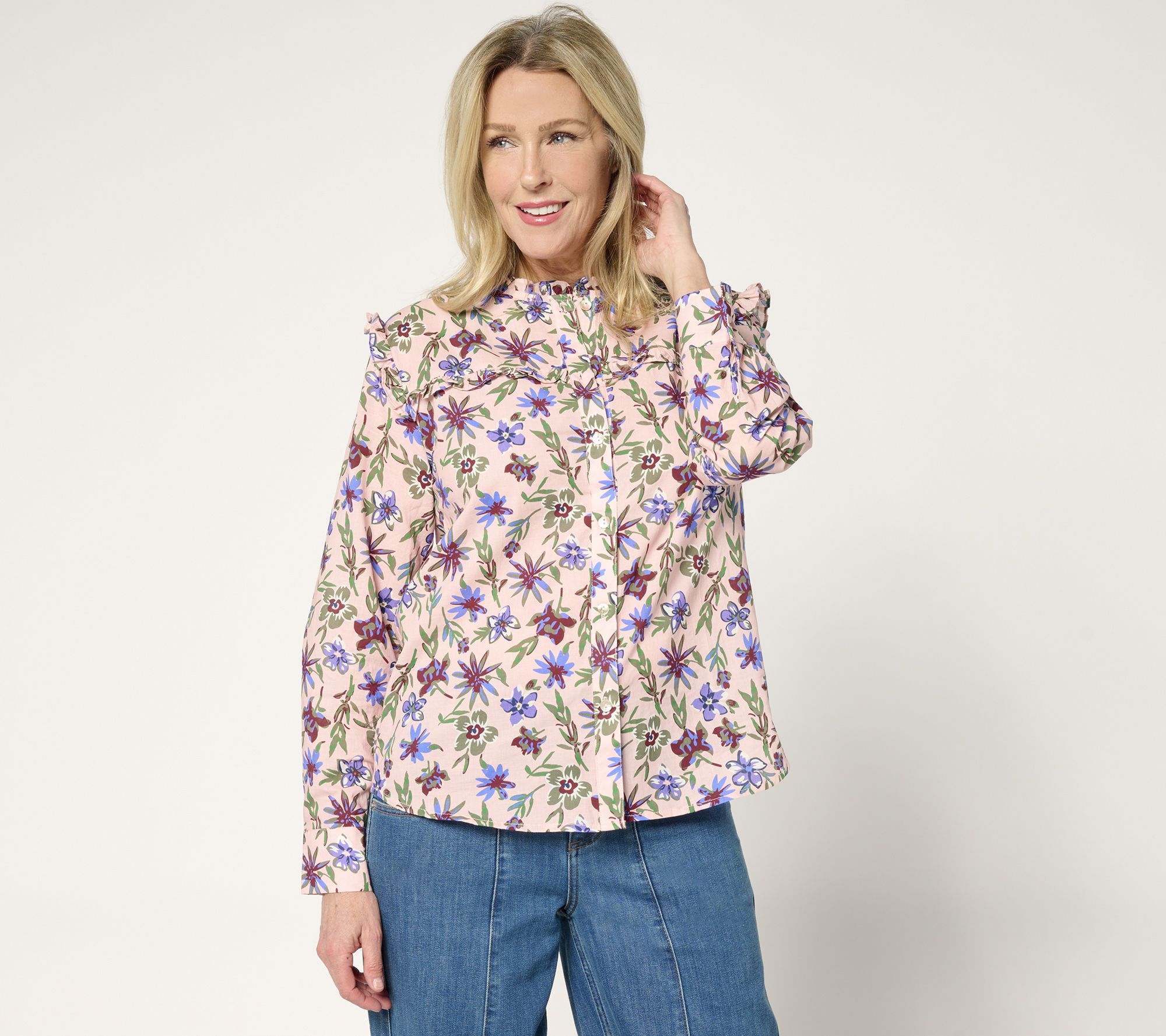"As Is" by Stacy London Printed Voile Shirt with Ruffle Detail