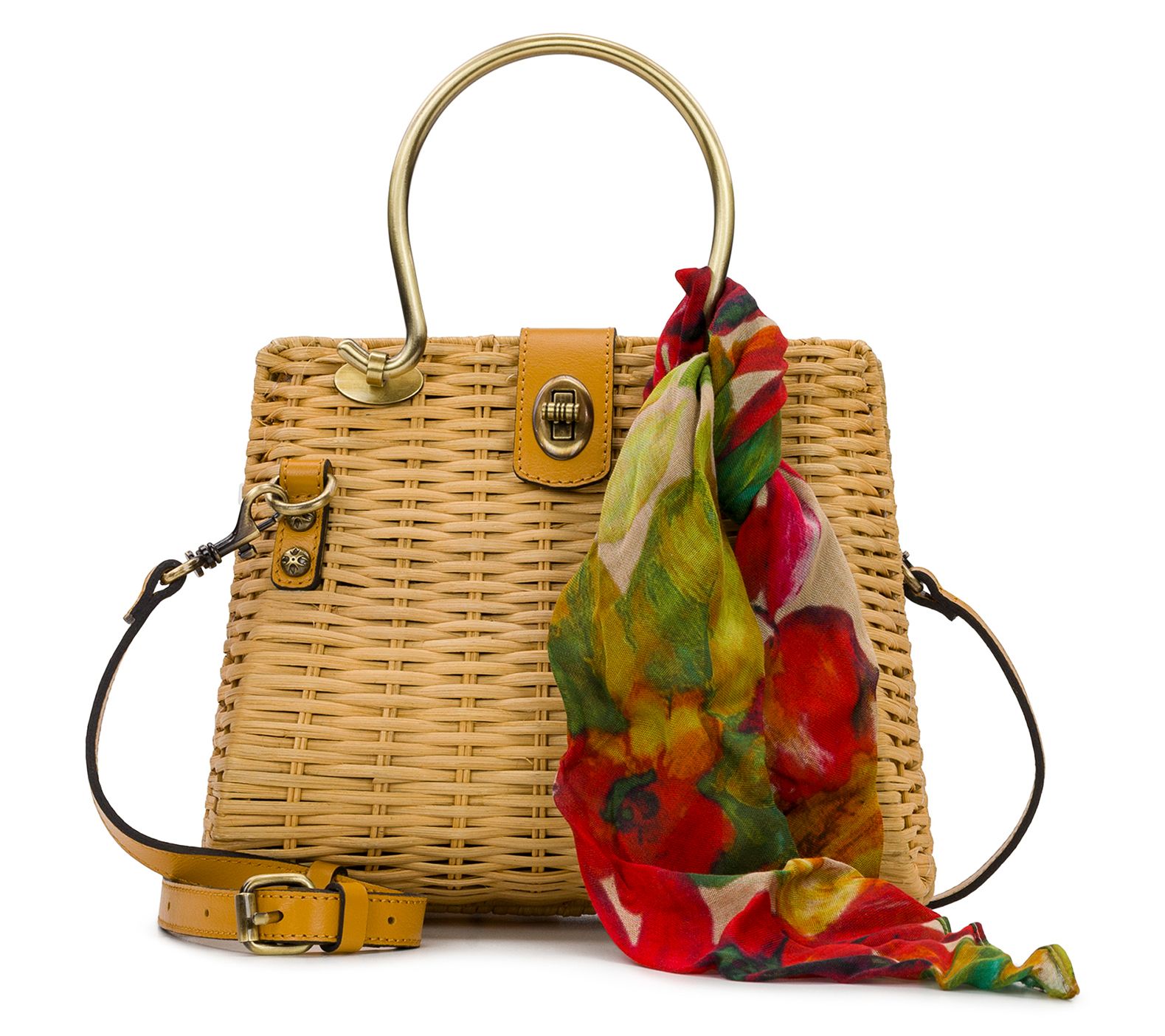 Patricia Nash Rodia Rattan Satchel w/ Scarf & Leather Trim