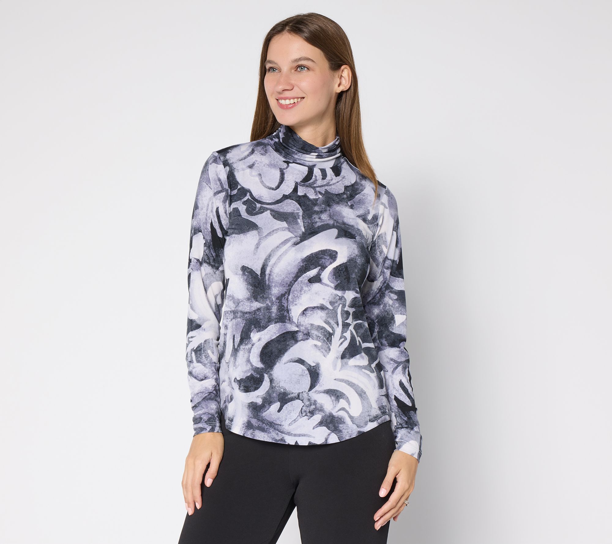 Susan Graver Printed Liquid Knit Ruched Mock Neck Top
