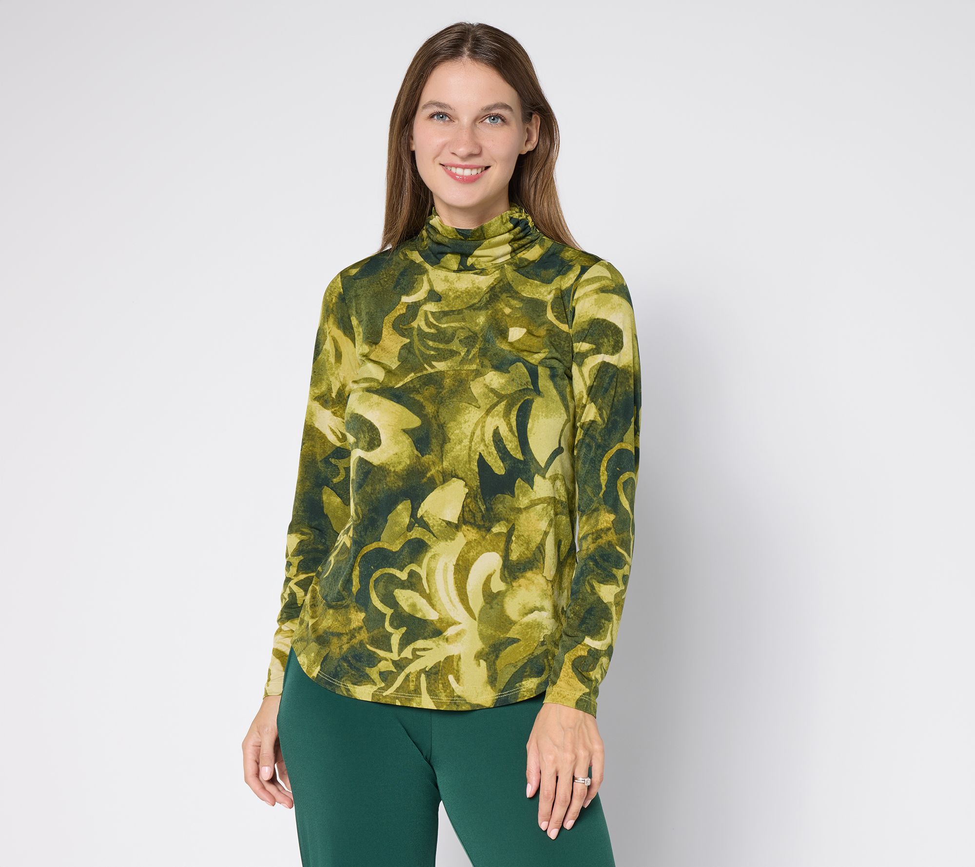 Susan Graver Printed Liquid Knit Ruched Mock Neck Top
