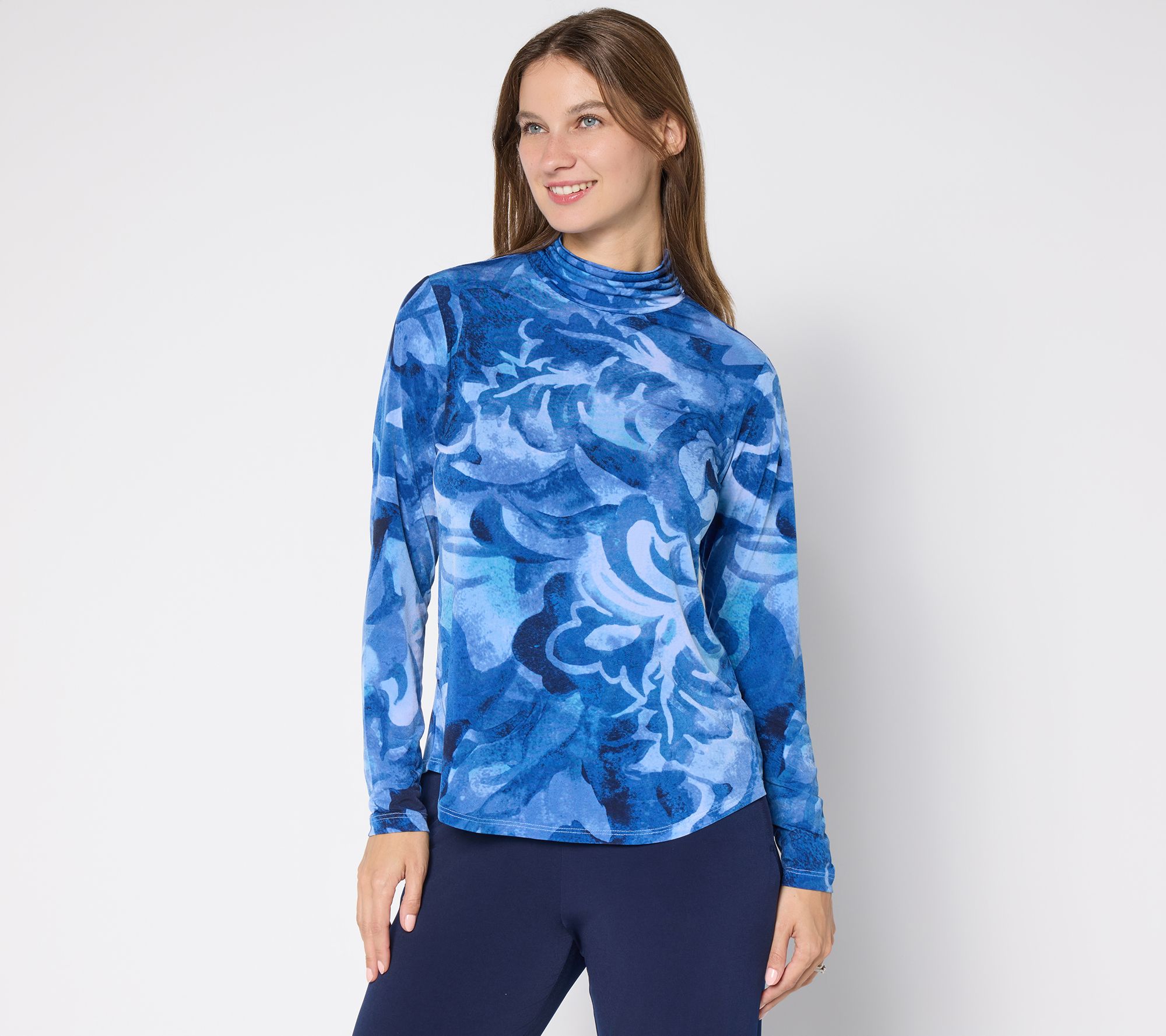 Susan Graver Printed Liquid Knit Ruched Mock Neck Top