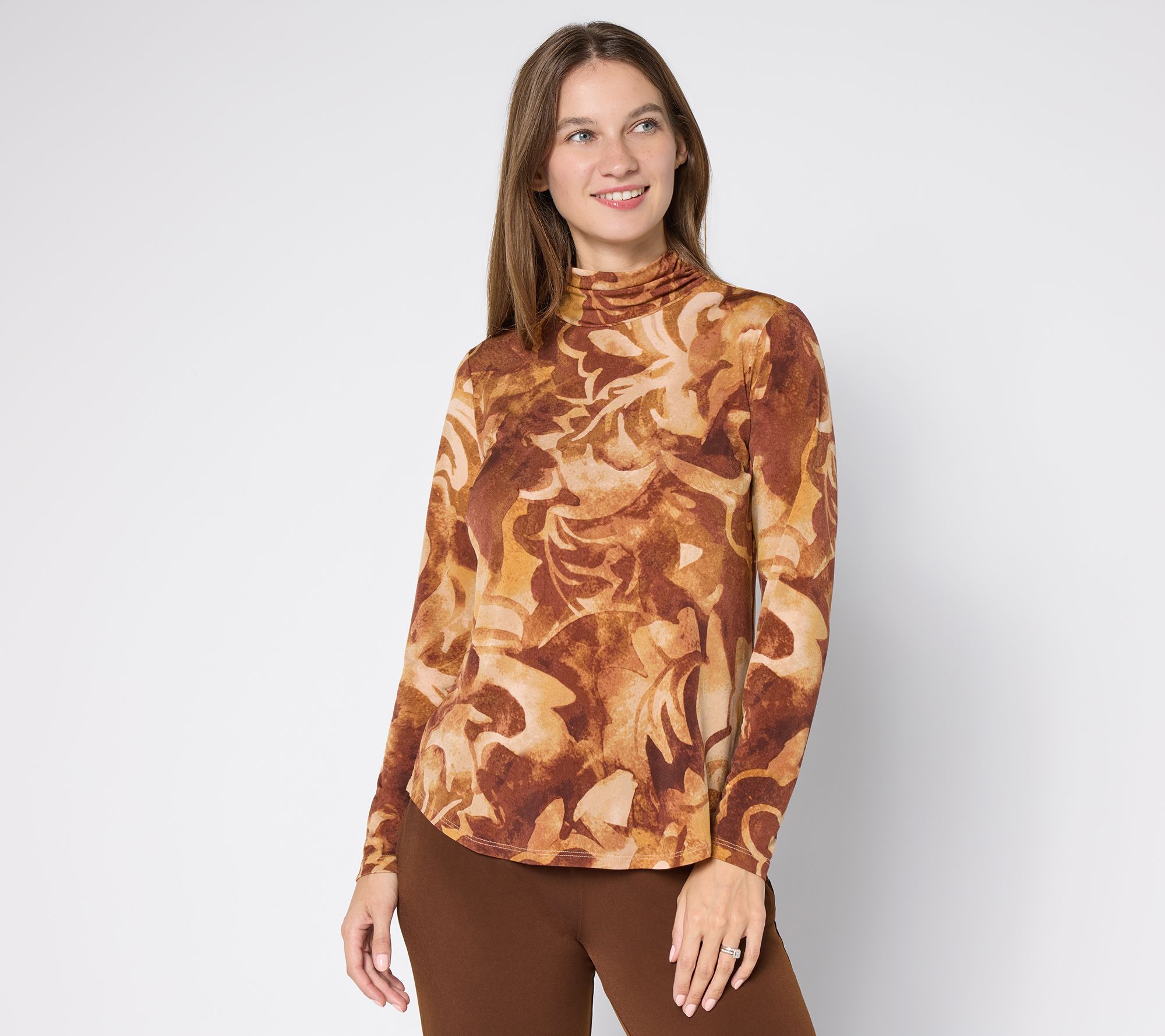 Susan Graver Printed Liquid Knit Ruched Mock Neck Top