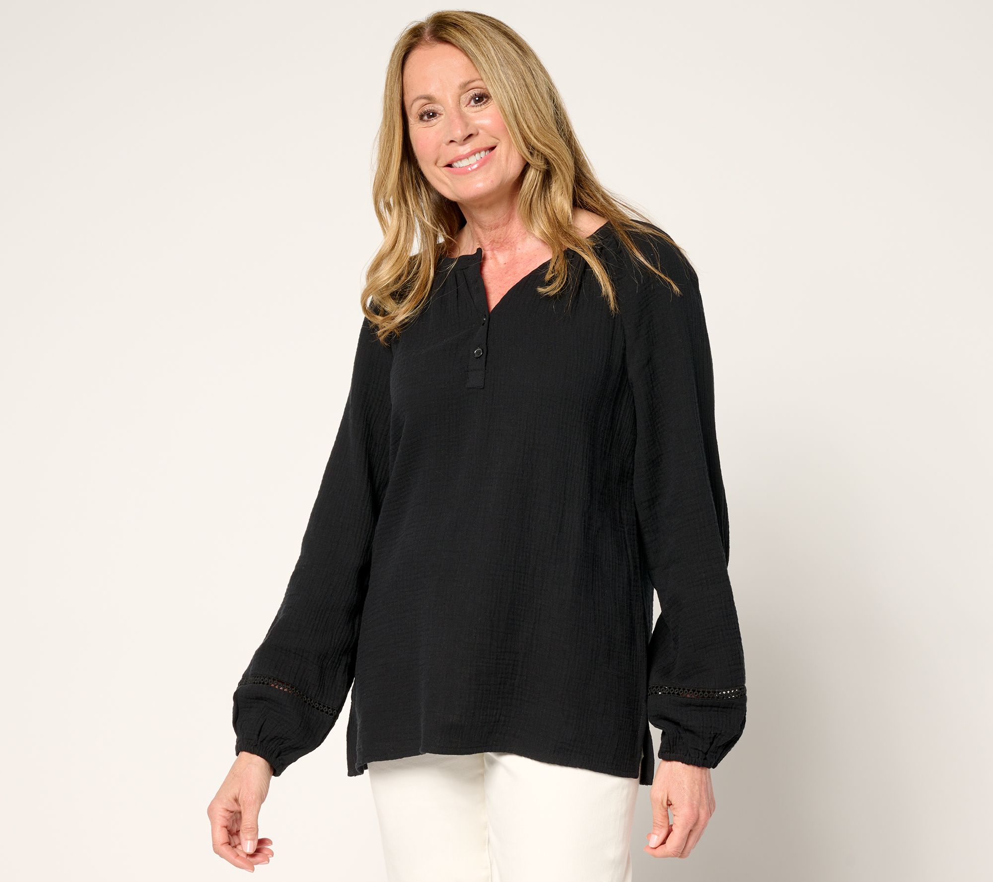 "As Is" Belle Beach by Kim Gravel Gauze Henley Top with Ladder Lace